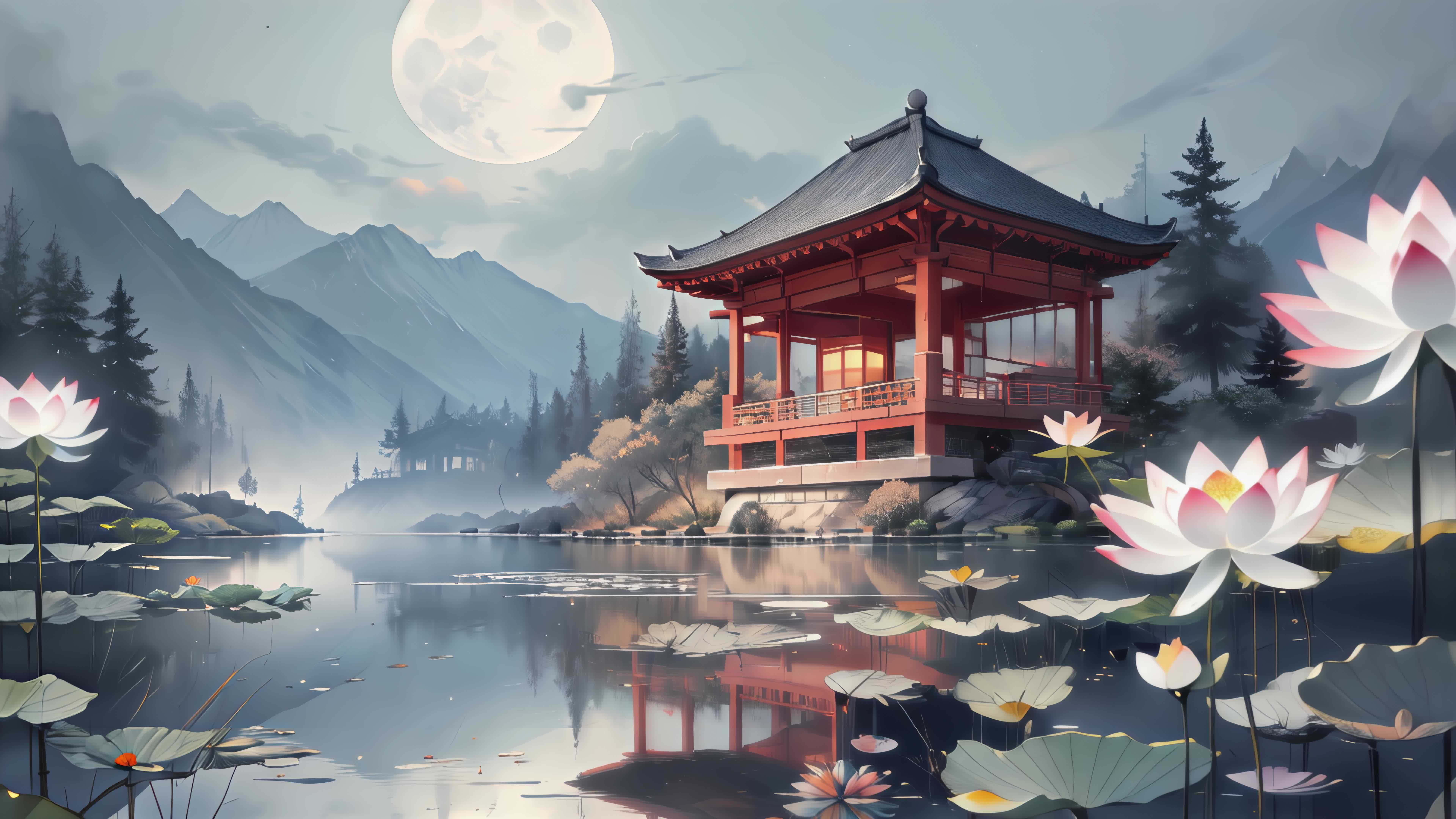 【8K】月下亭台莲池意境古风背景视频素材画面1