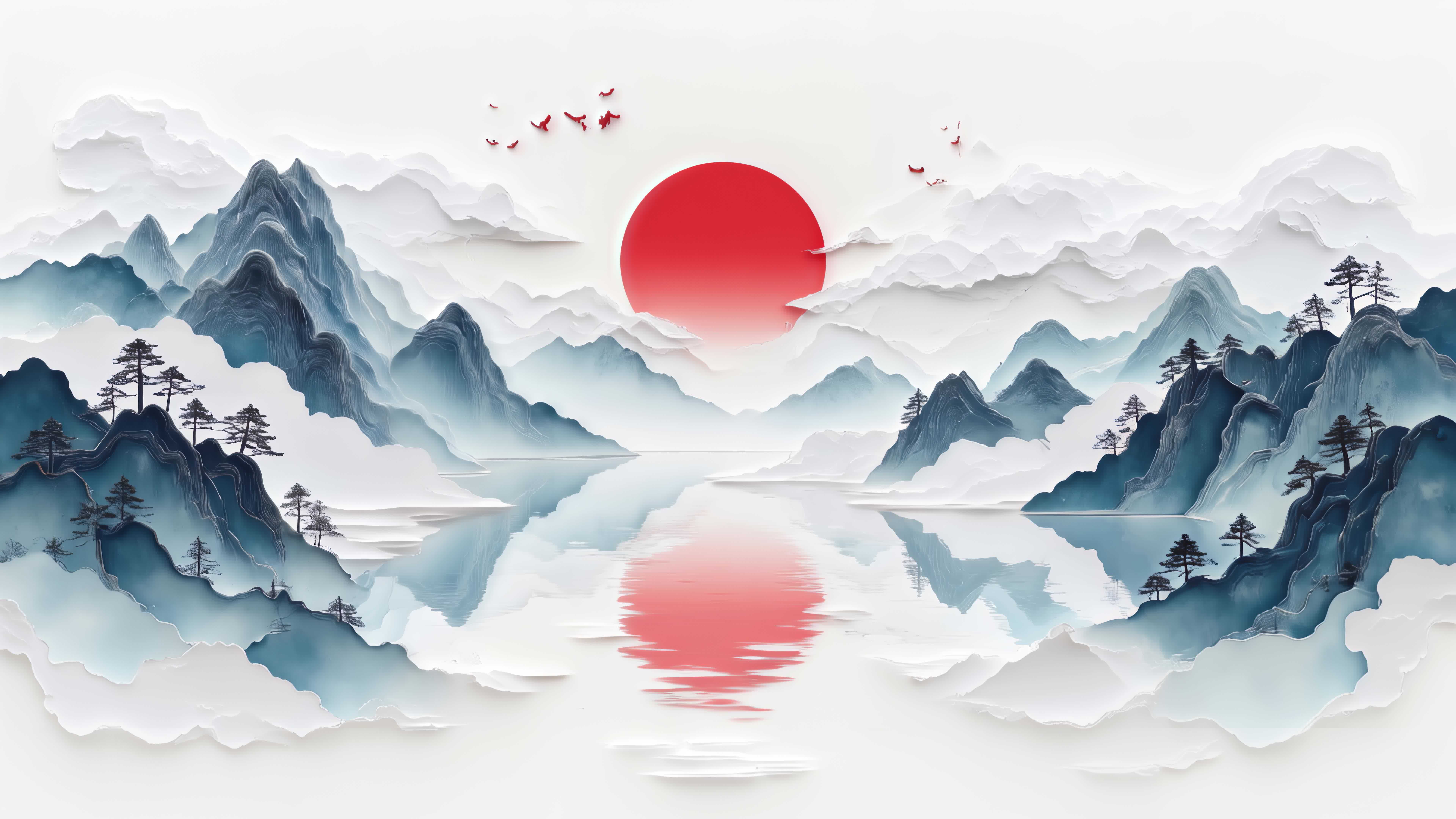 【8K】水墨山水日出意境古风背景视频素材画面1
