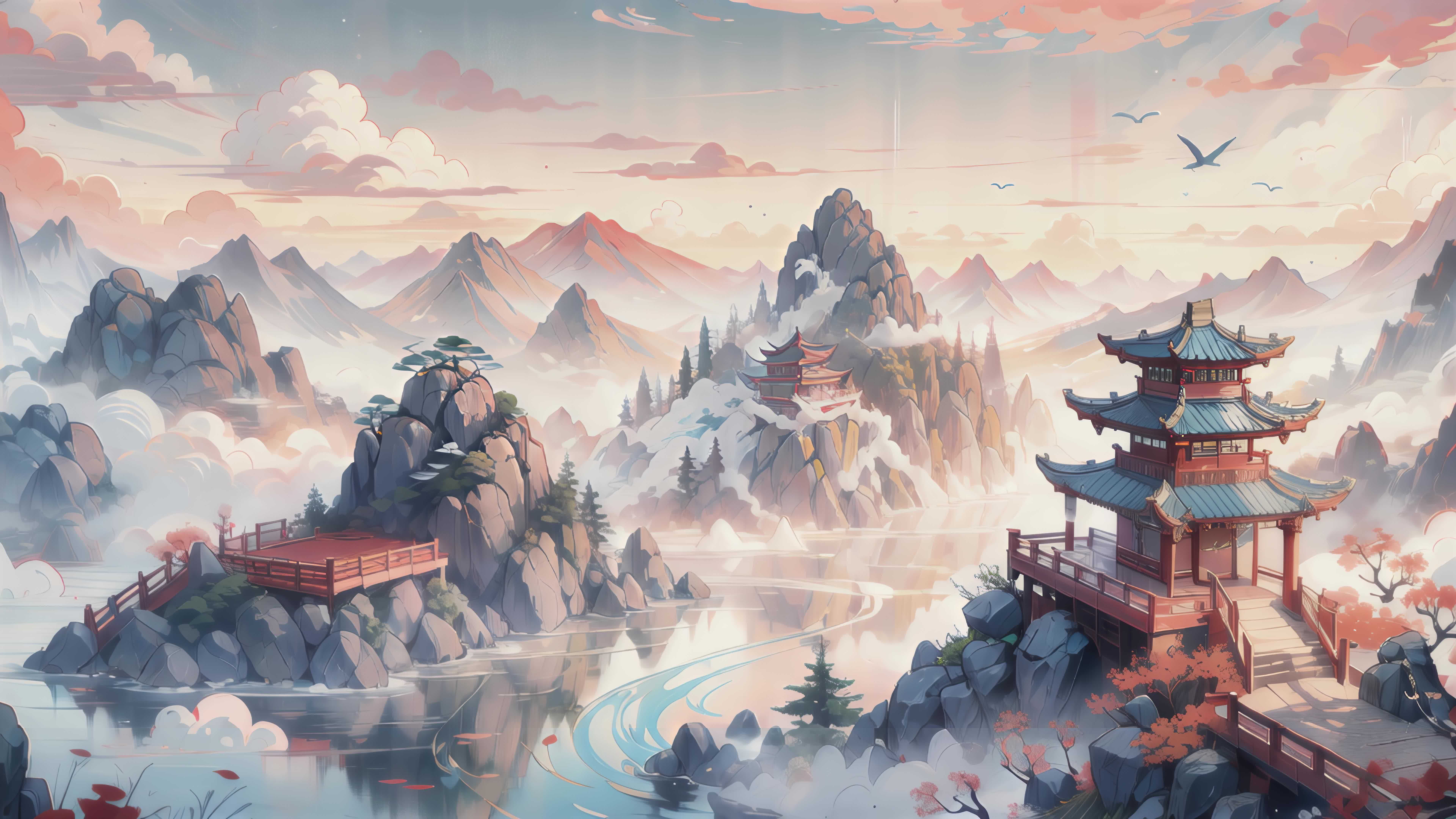 【8K】古风插画大屏背景水墨国风山水楼阁视频素材画面1