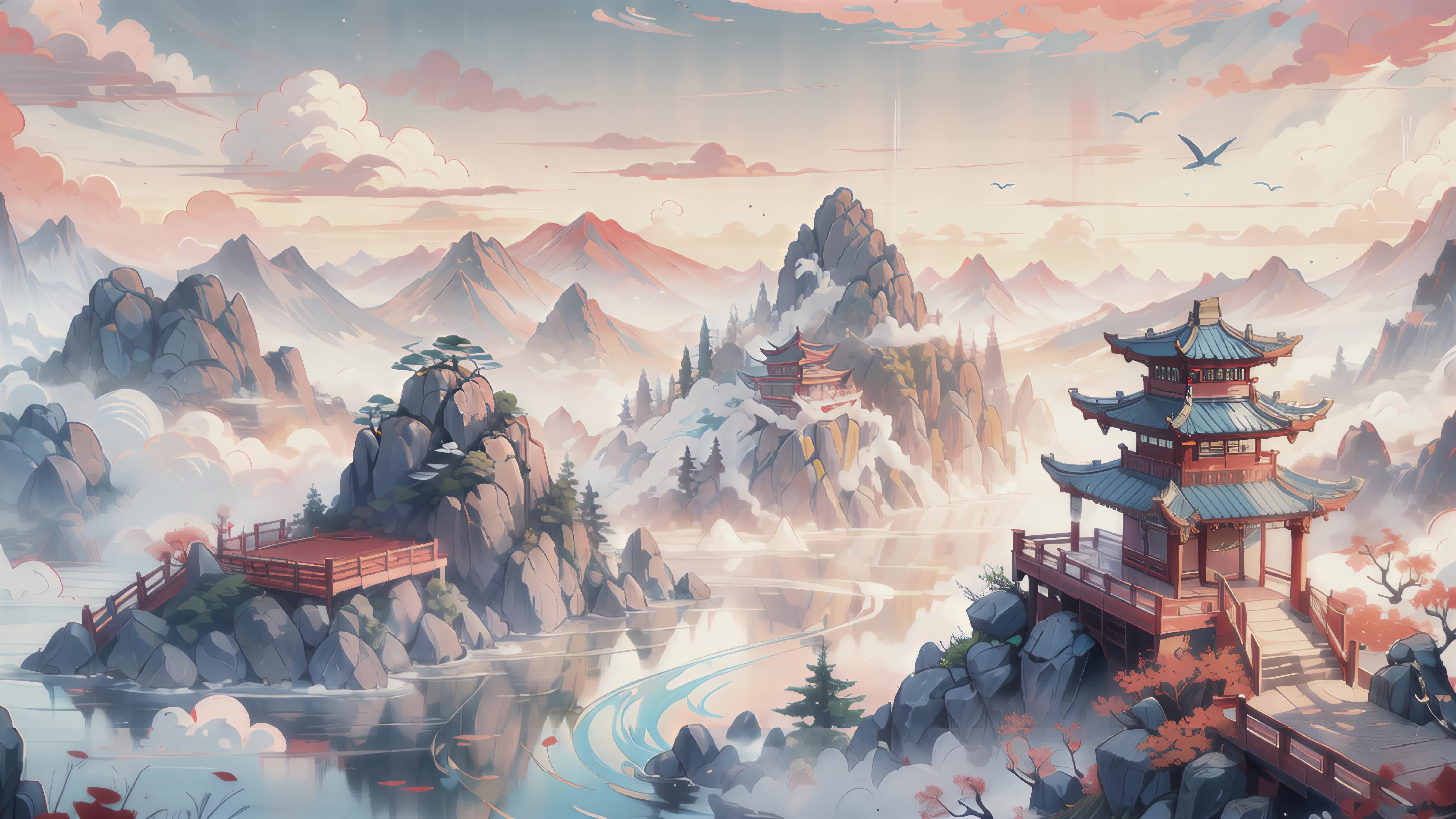 【8K】古风插画大屏背景水墨国风山水楼阁视频素材画面3