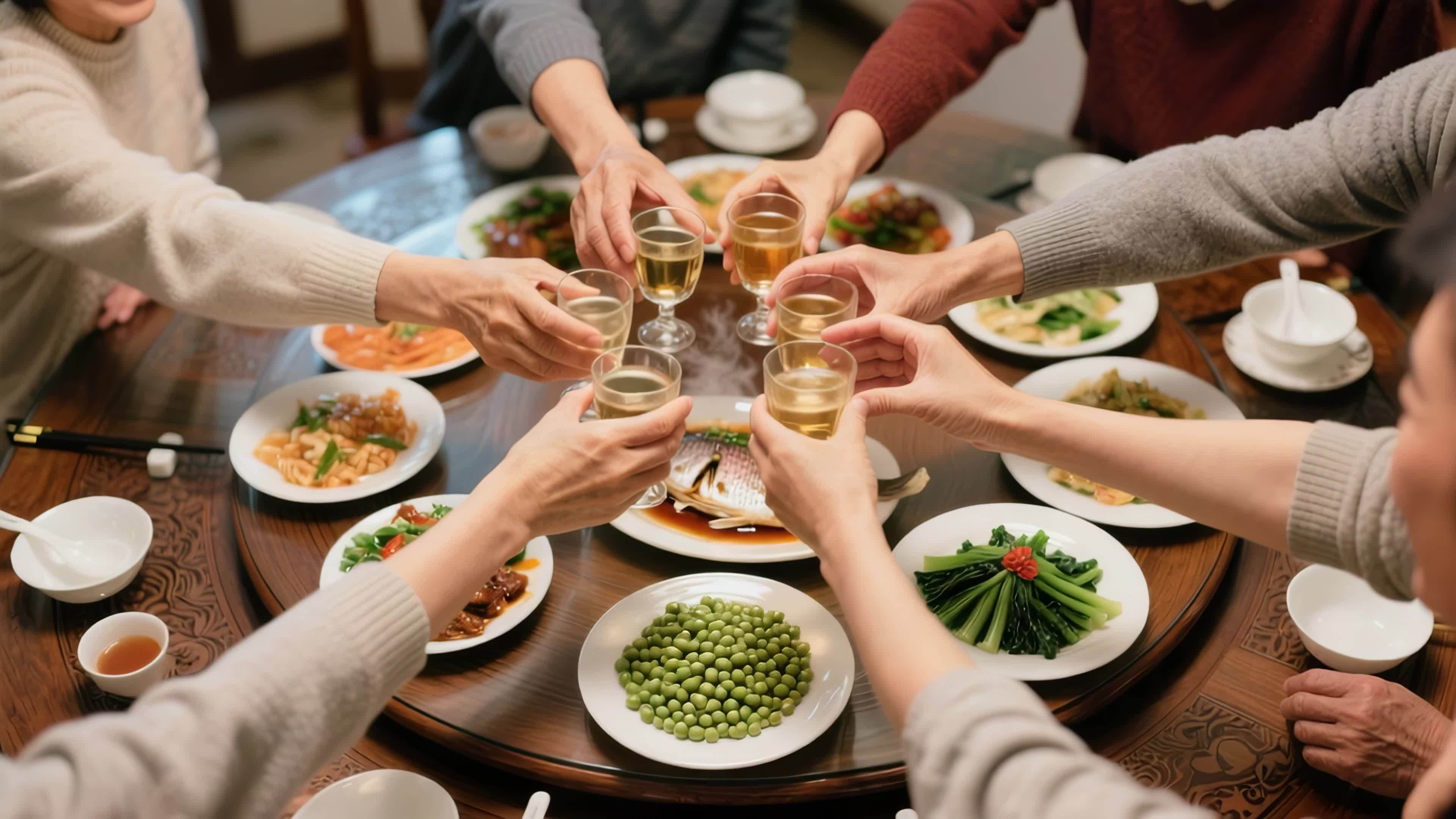 团圆饭举杯庆祝视频素材画面2