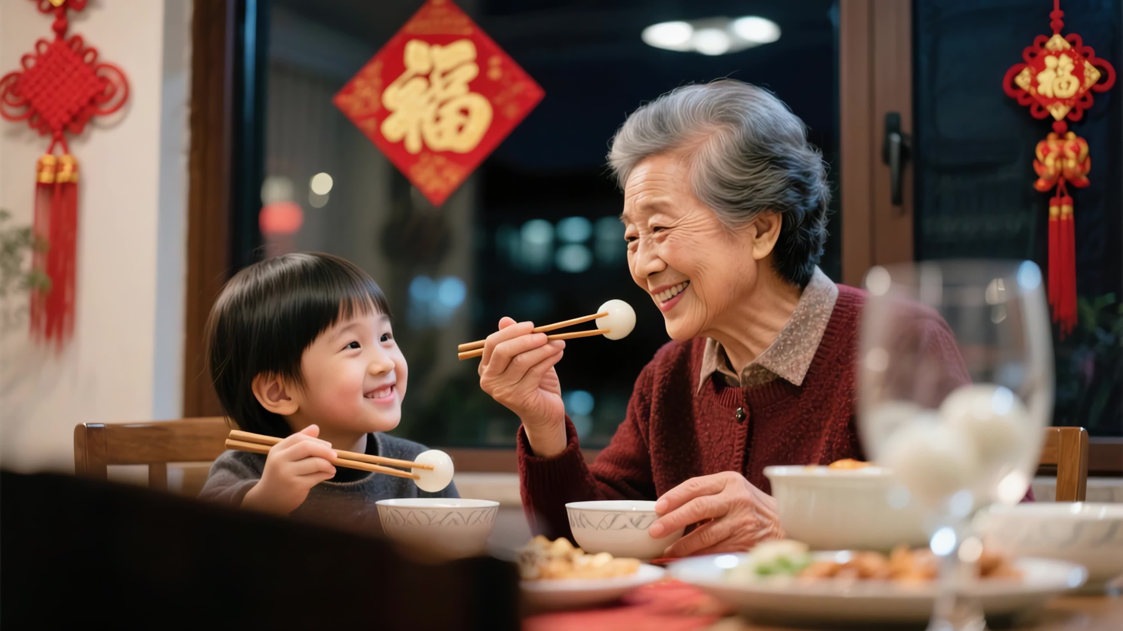 祖孙春节团圆吃饭视频素材画面1