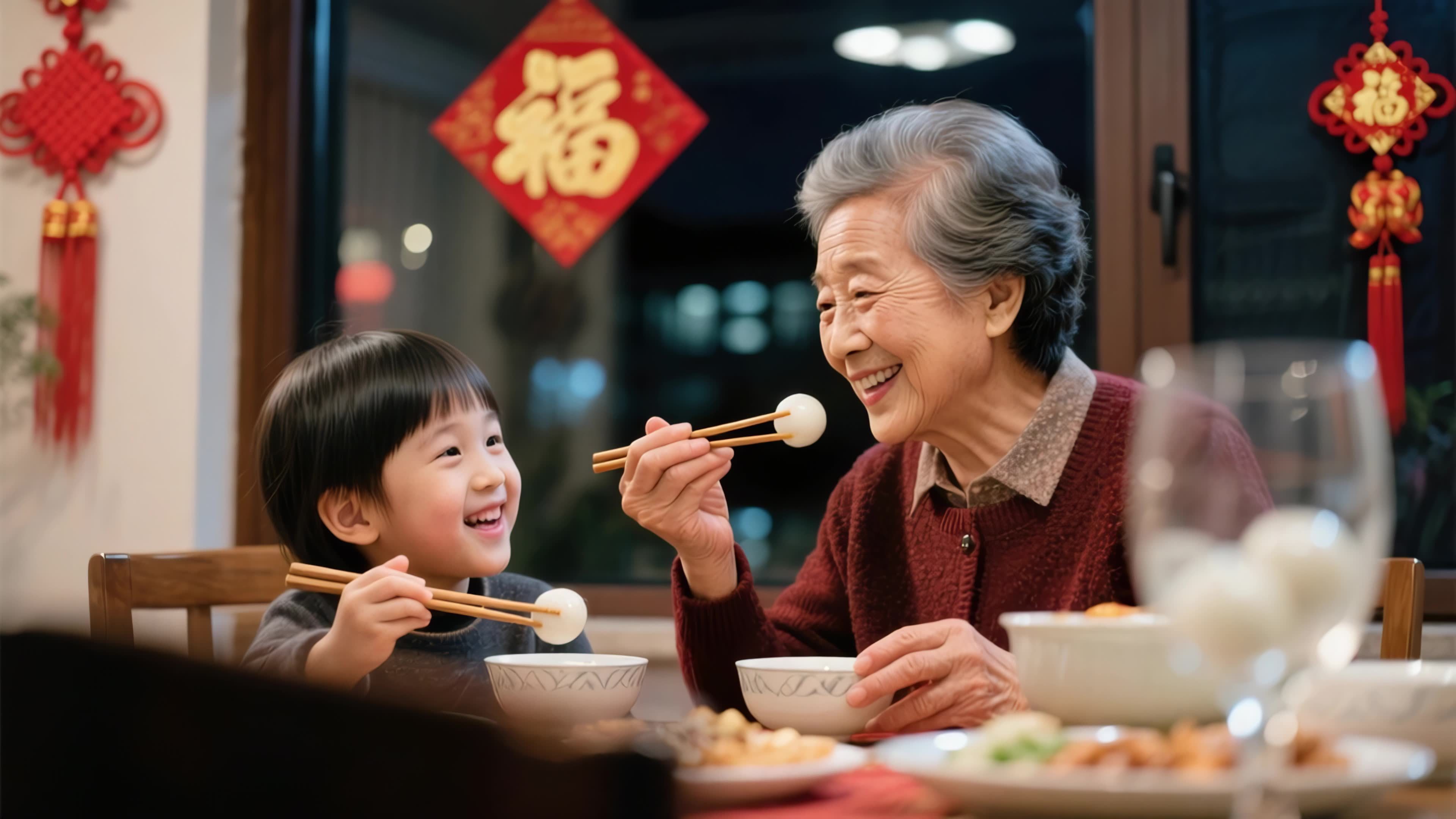 祖孙春节团圆吃饭视频素材画面3