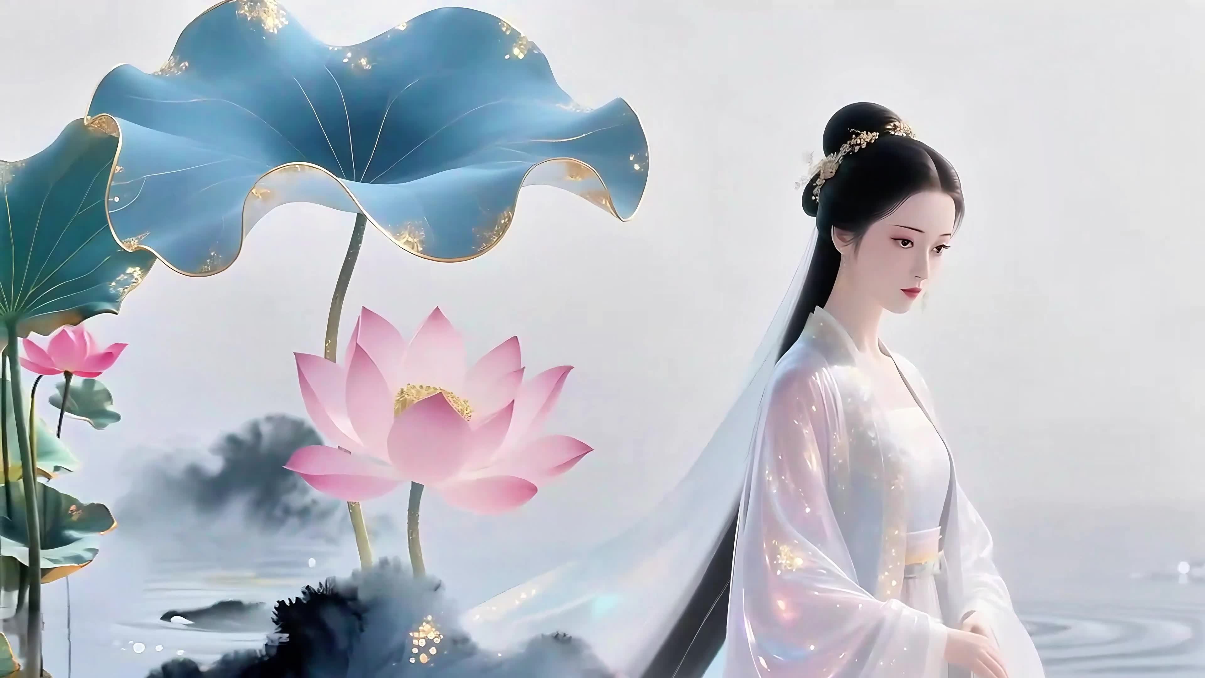 国风少女与荷花唯美意境视频素材画面1