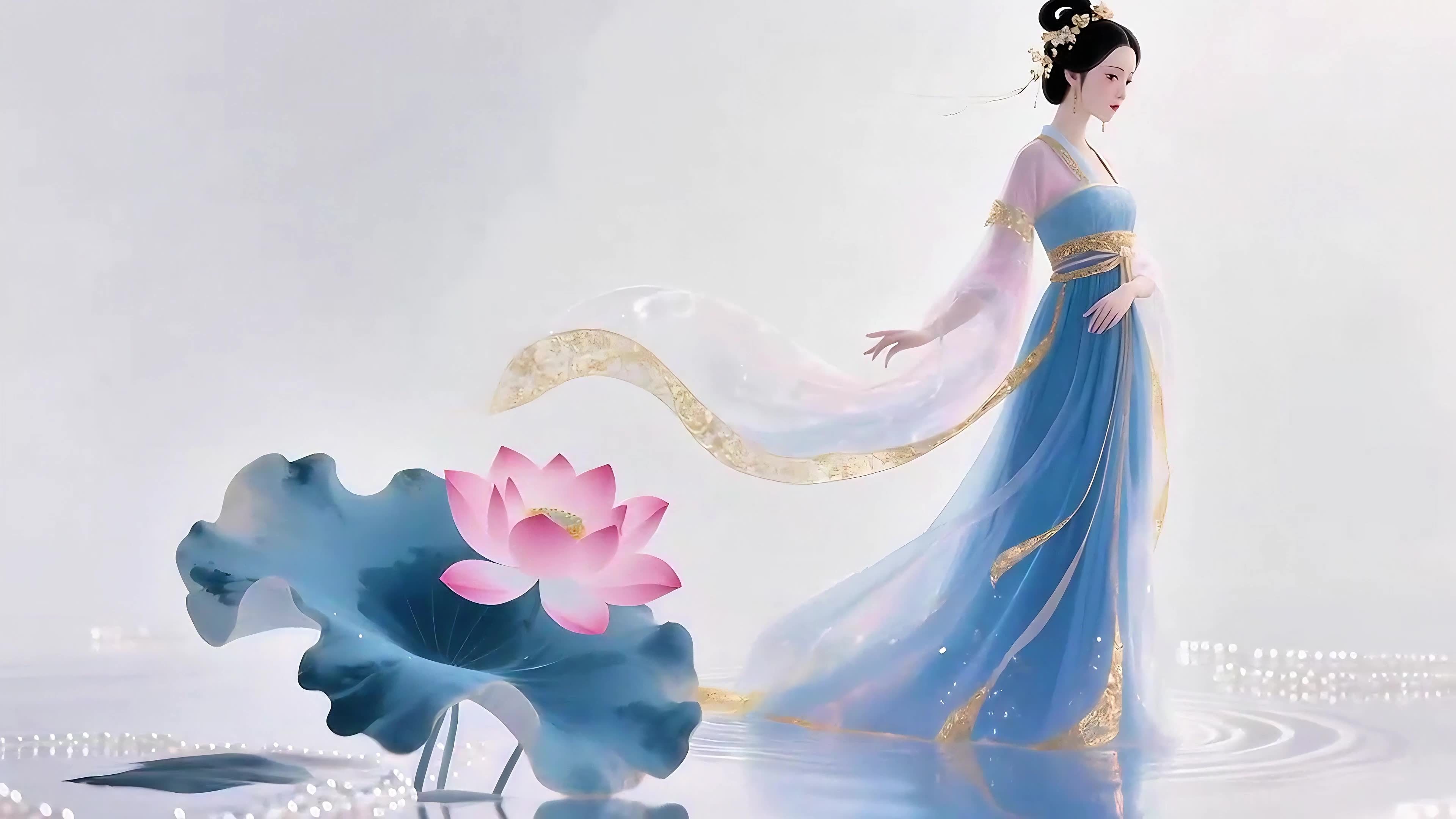 国风少女与荷花唯美意境视频素材画面2