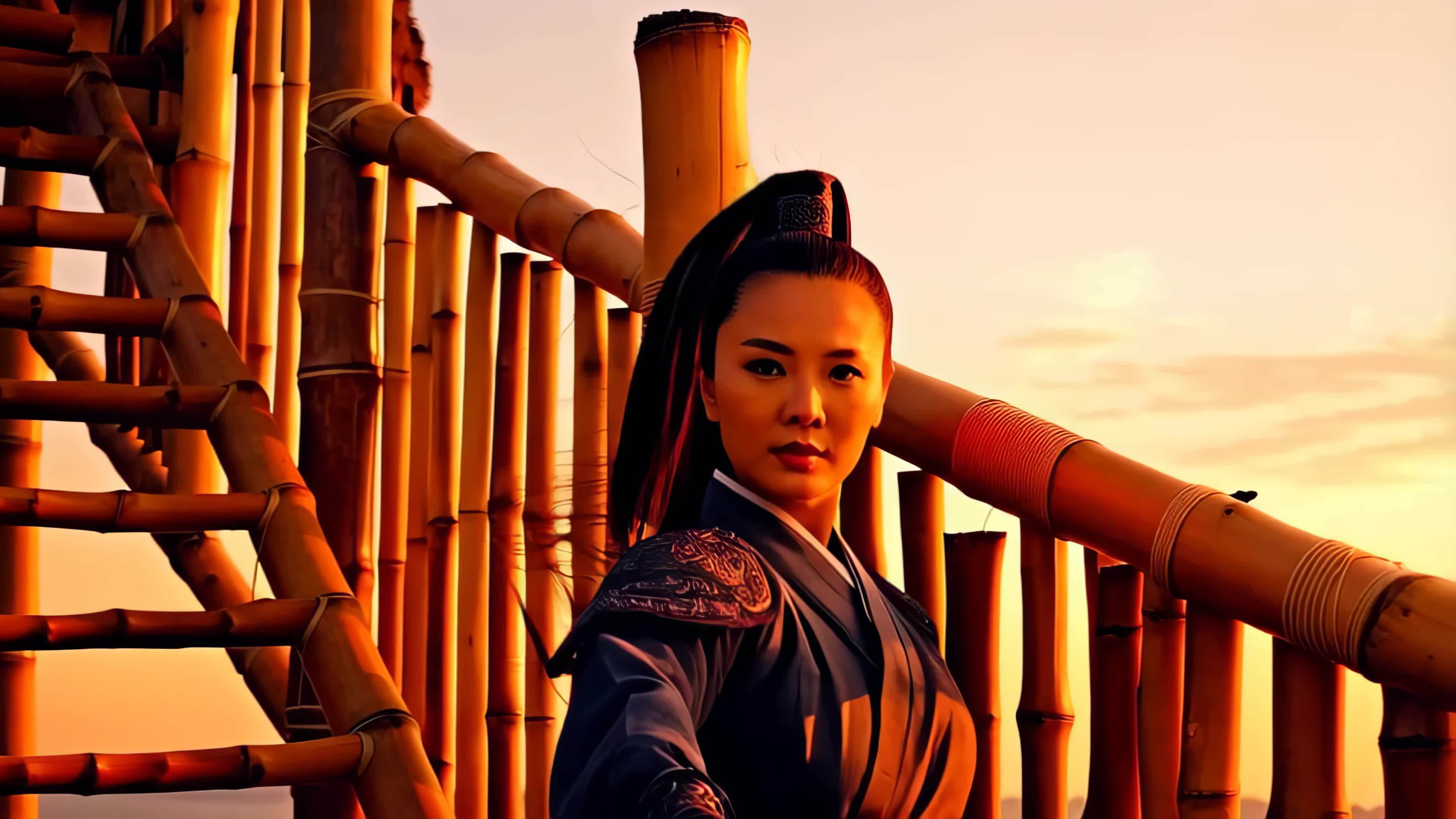 竹林侠女夕阳侧颜视频素材画面1