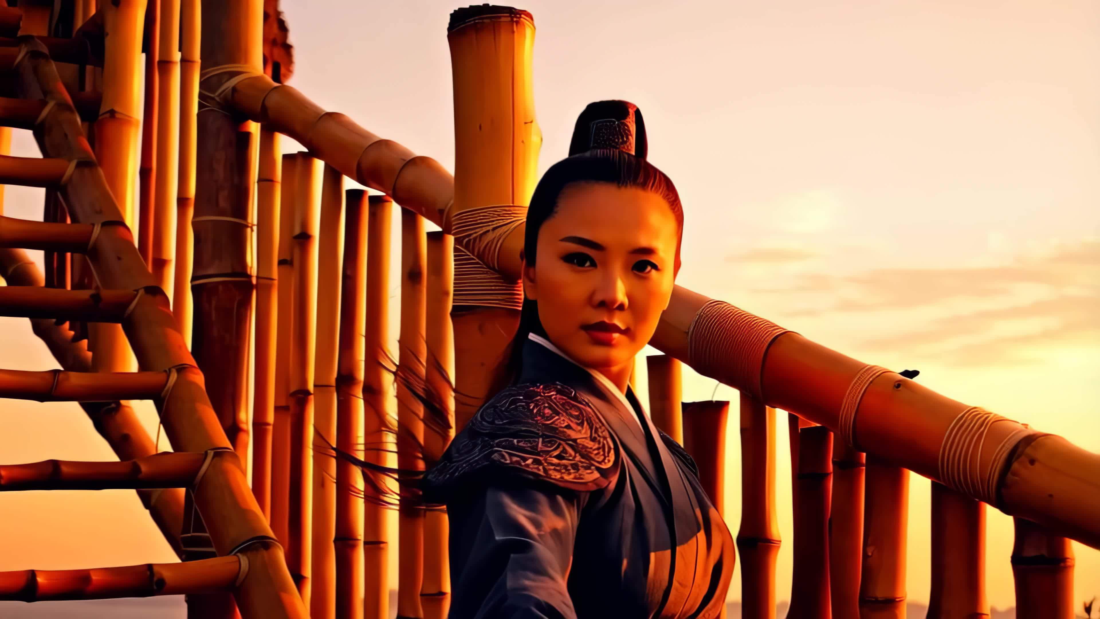 竹林侠女夕阳侧颜视频素材画面2