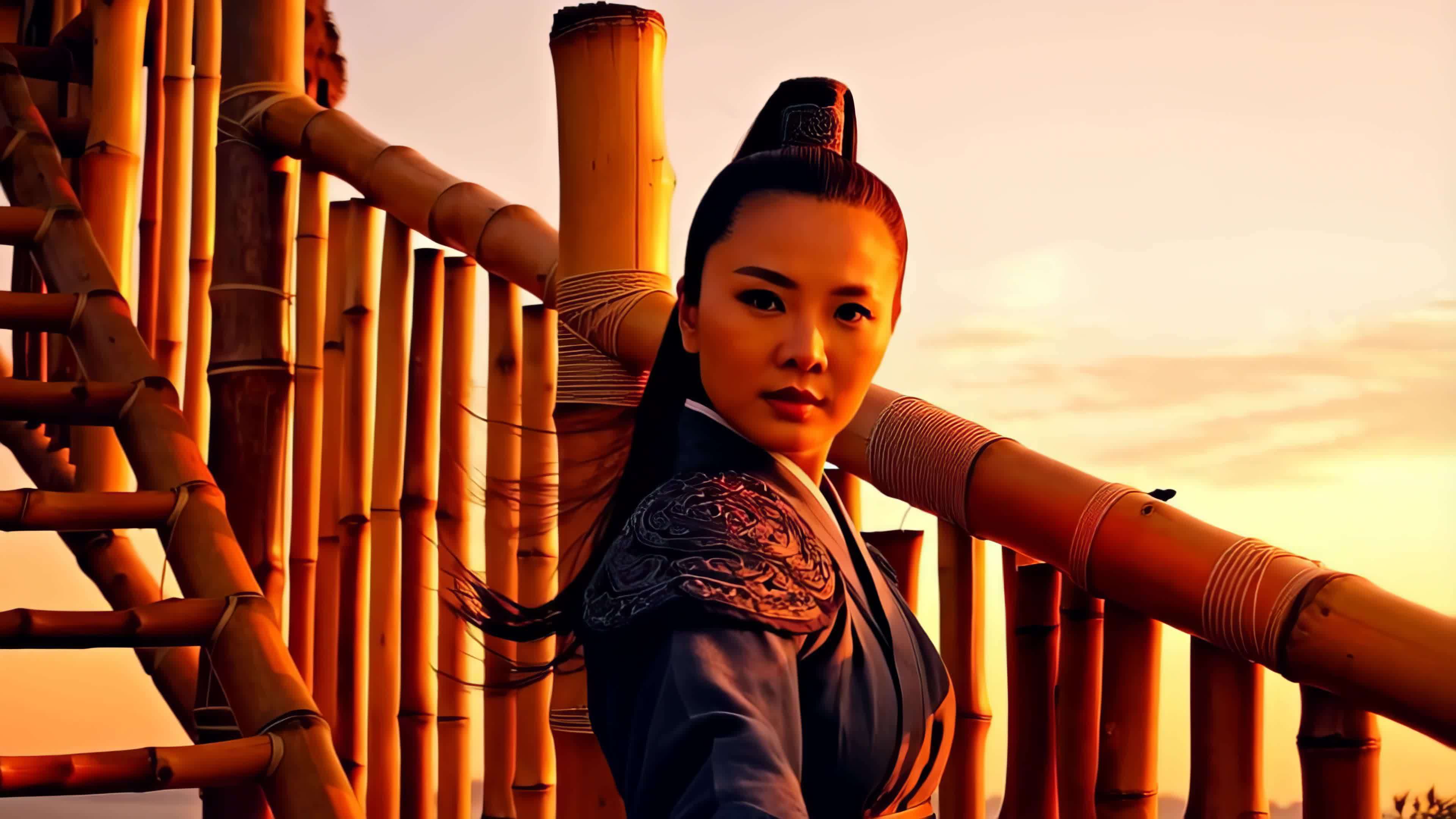 竹林侠女夕阳侧颜视频素材画面4