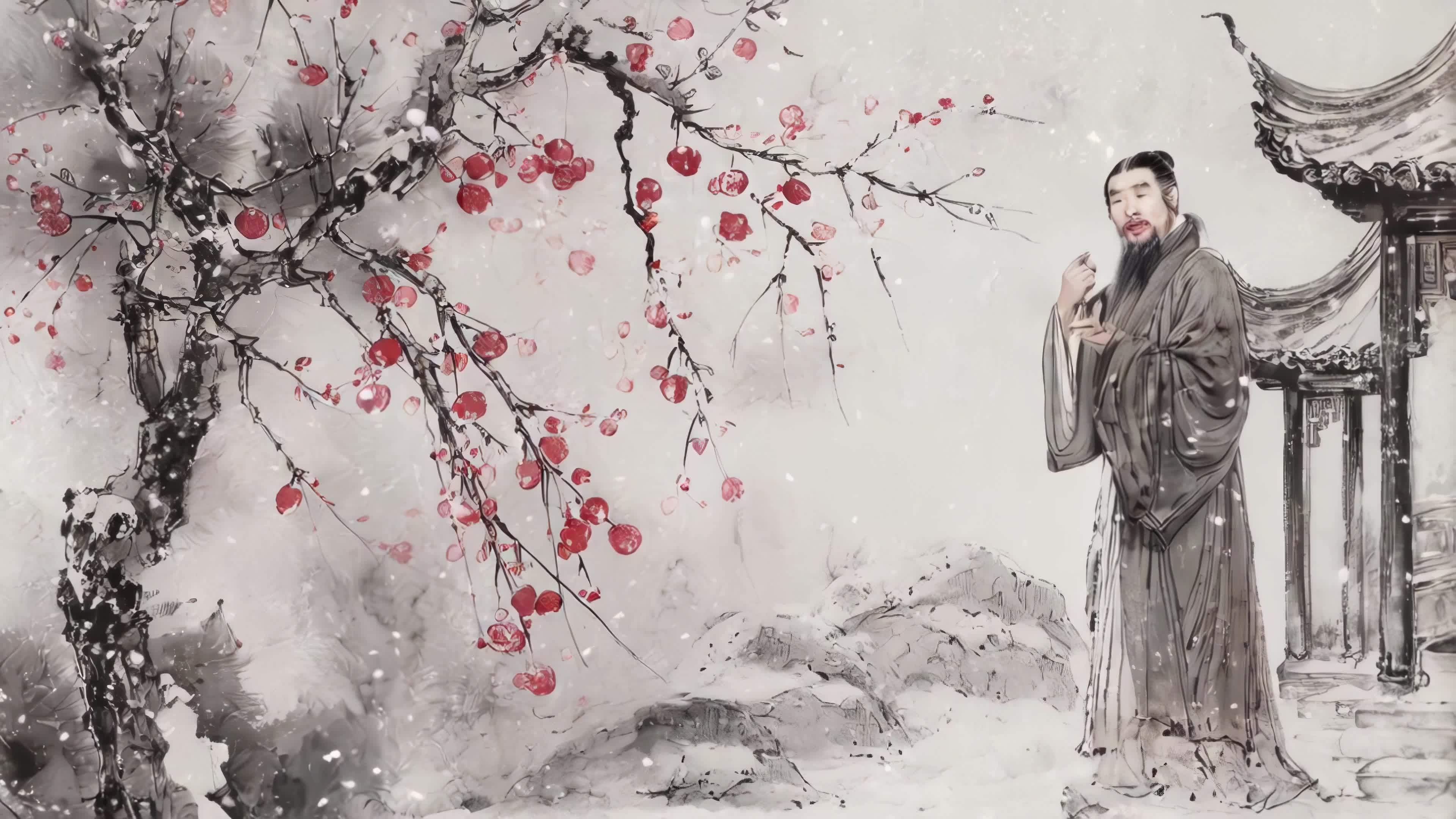 踏雪寻梅 赏梅 古画 梅花 水墨 古装视频素材画面1