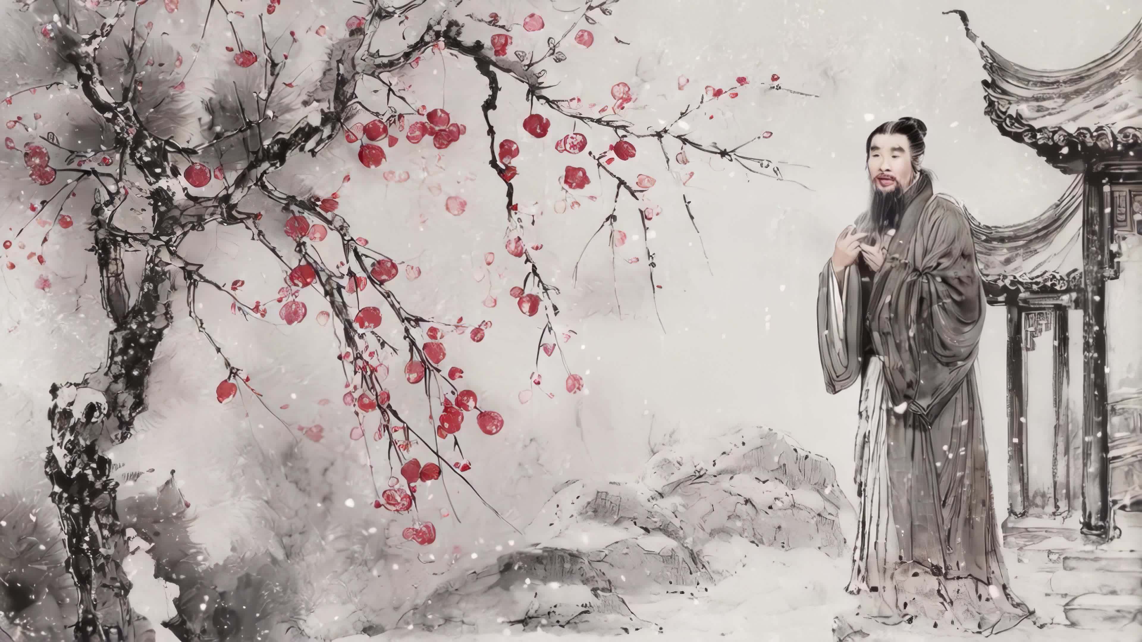 踏雪寻梅 赏梅 古画 梅花 水墨 古装视频素材画面2