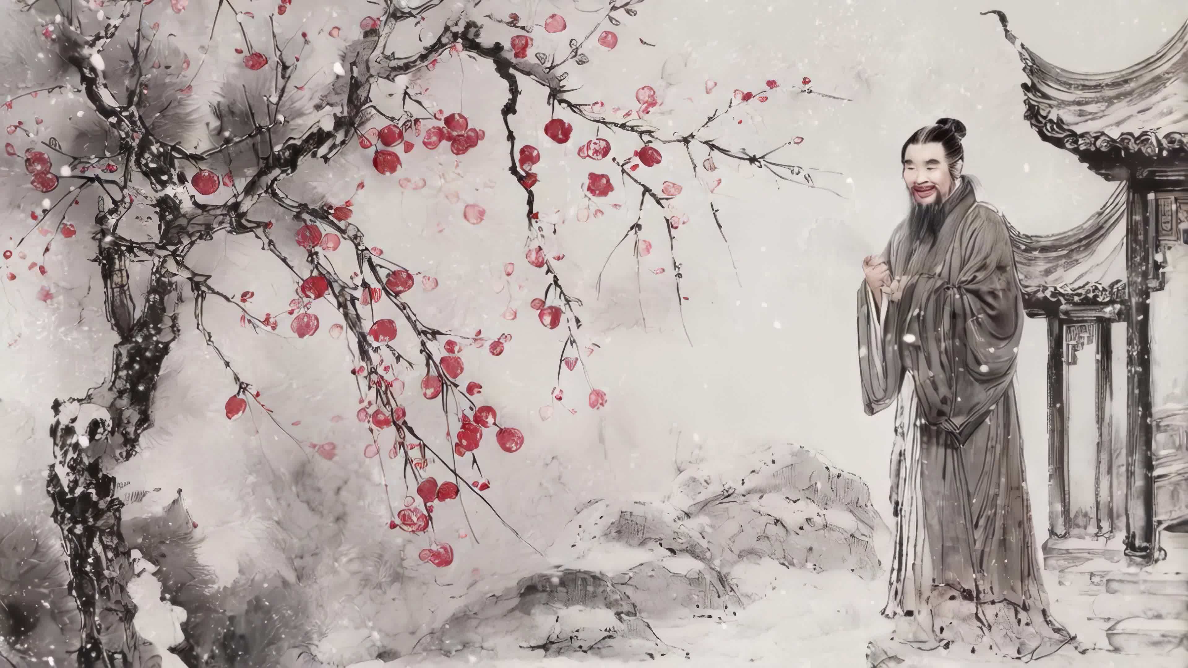 踏雪寻梅 赏梅 古画 梅花 水墨 古装视频素材画面4