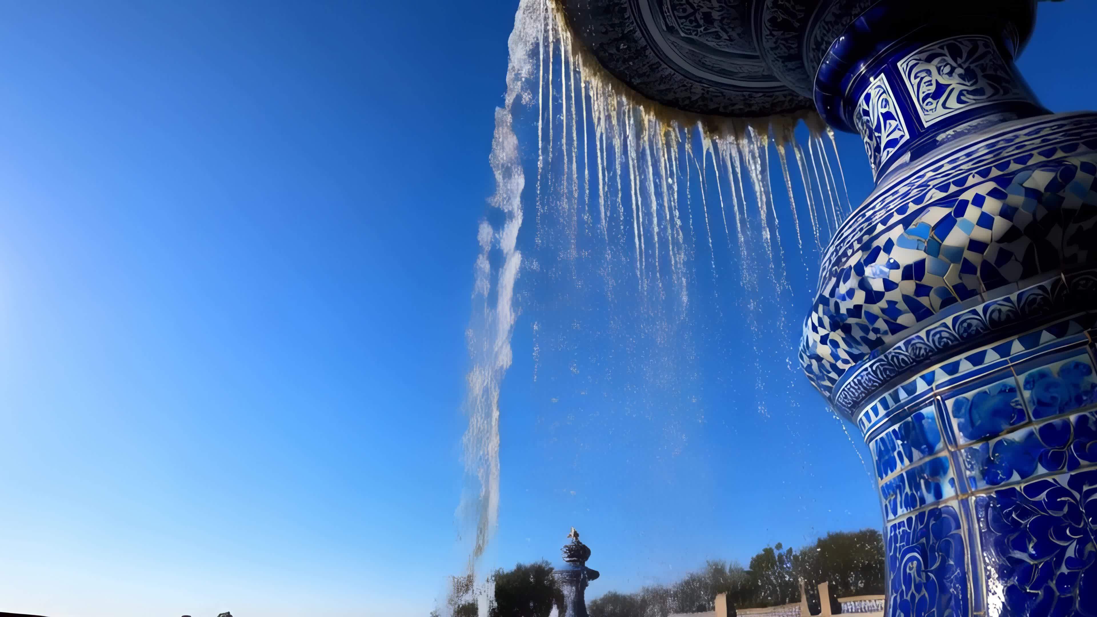 喷泉水柱与青花瓷视频素材画面2