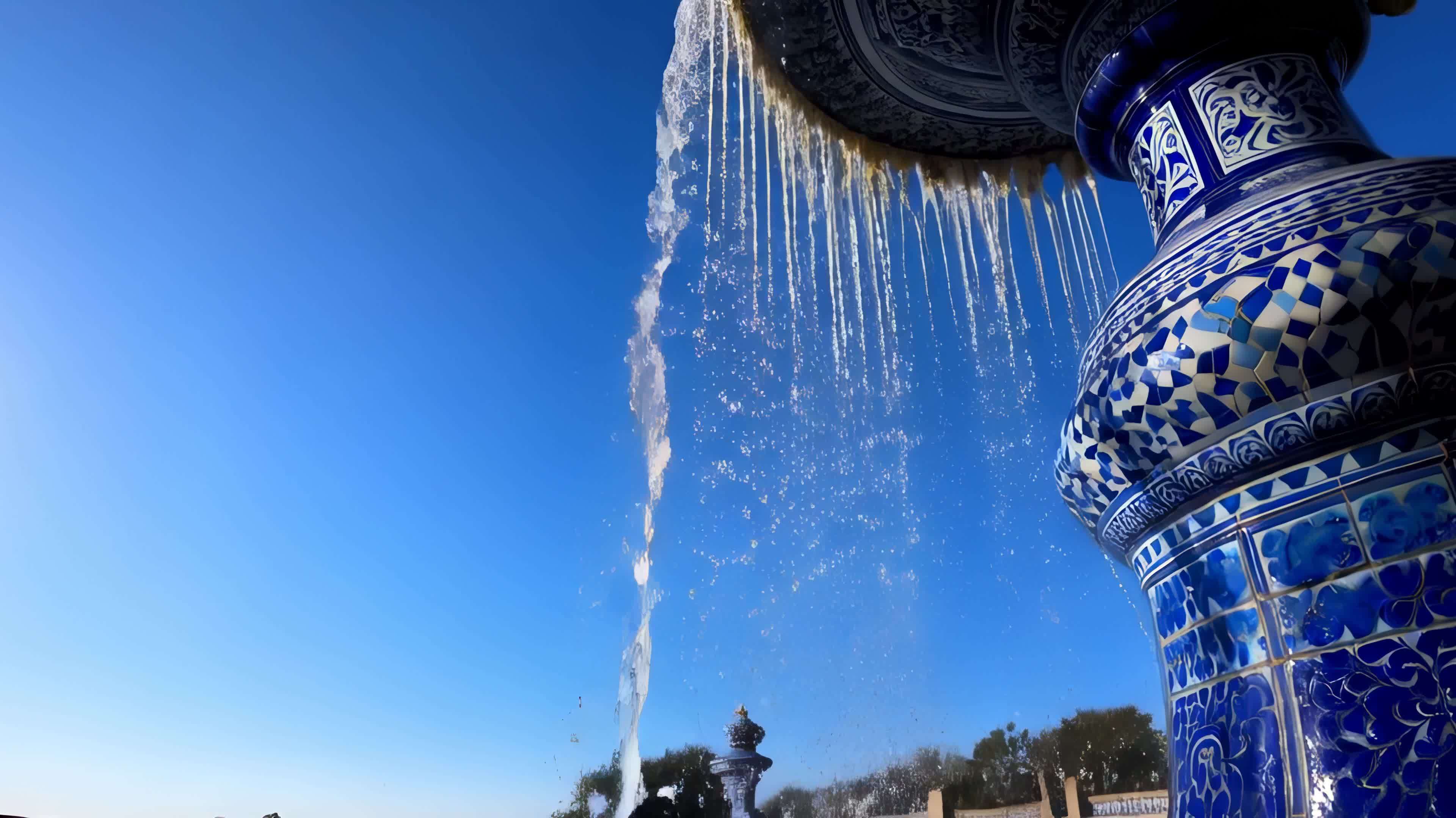 喷泉水柱与青花瓷视频素材画面4