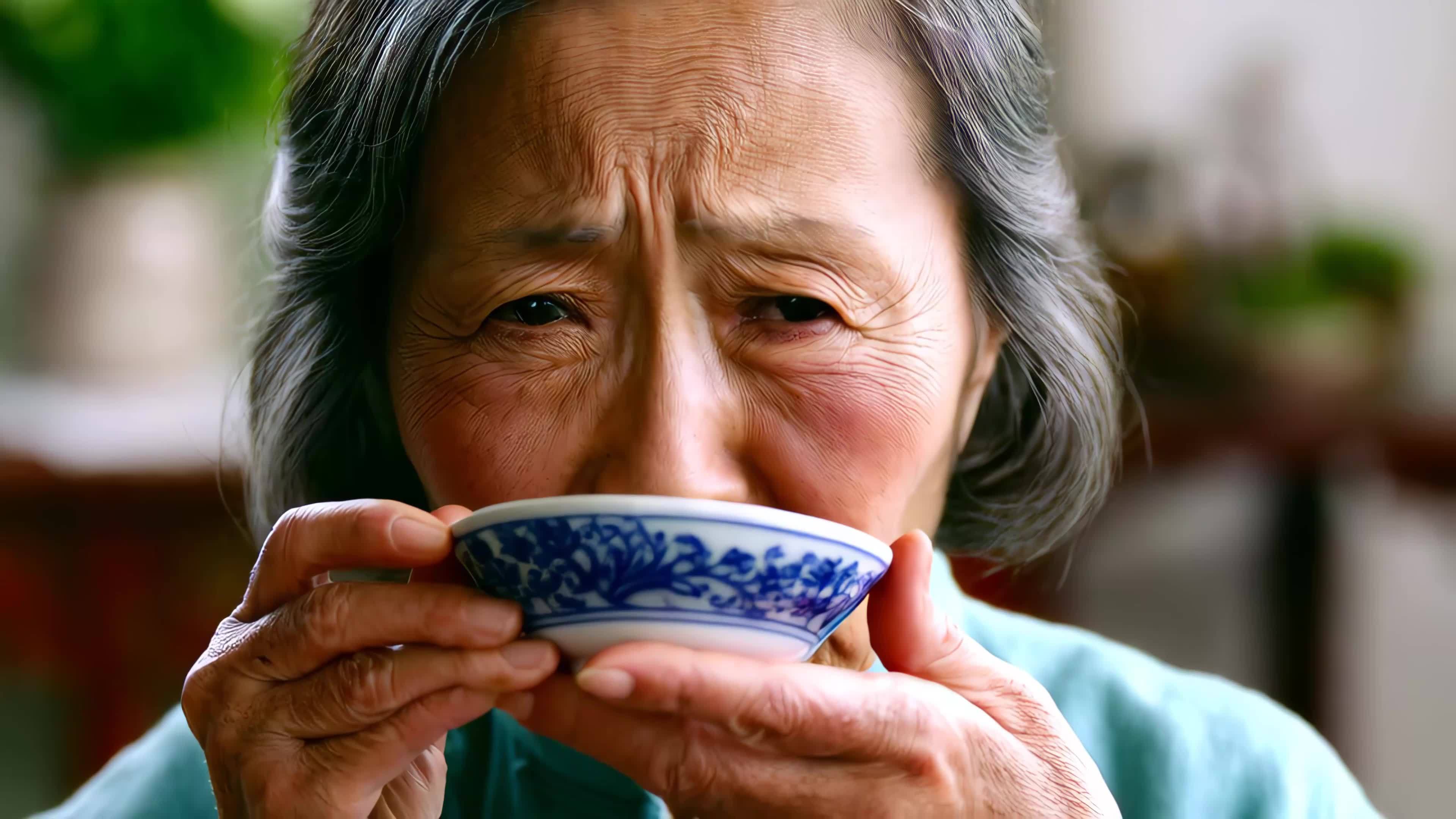 老人品茶后的喜悦视频素材画面2