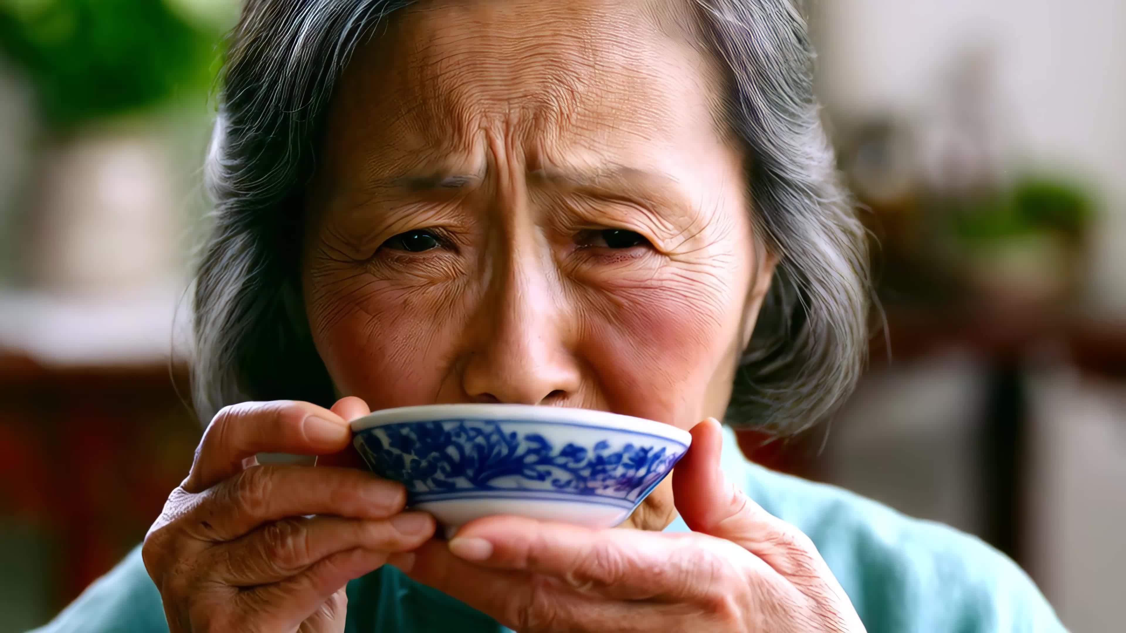 老人品茶后的喜悦视频素材画面4