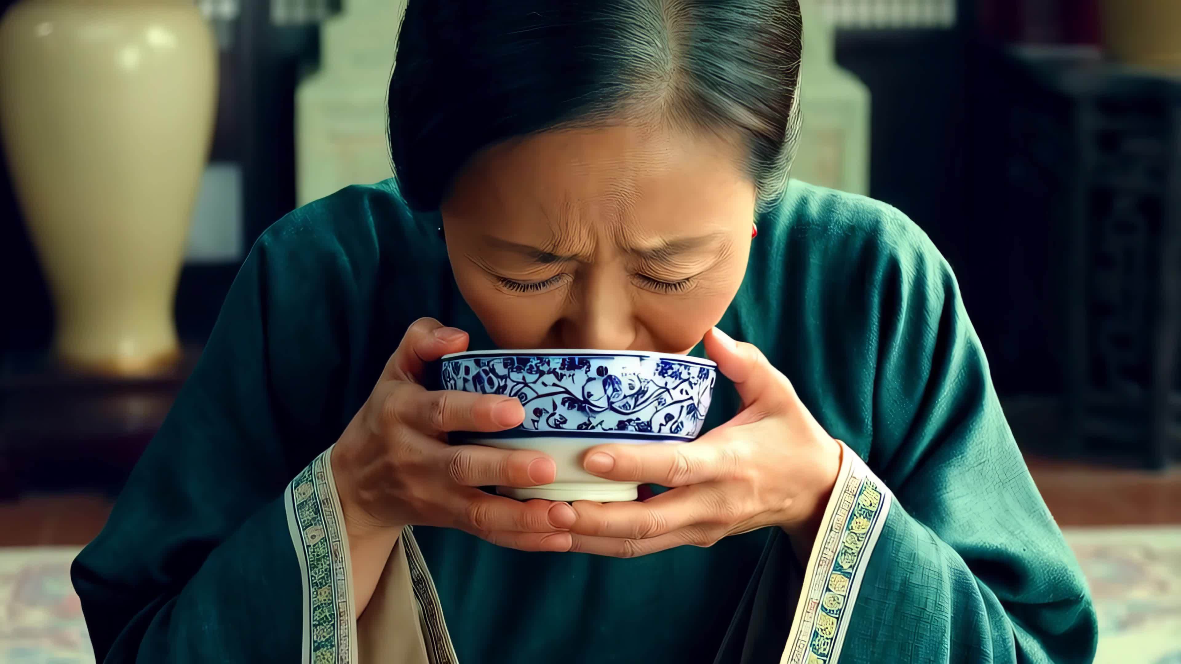 老奶奶品茶微笑视频素材画面1