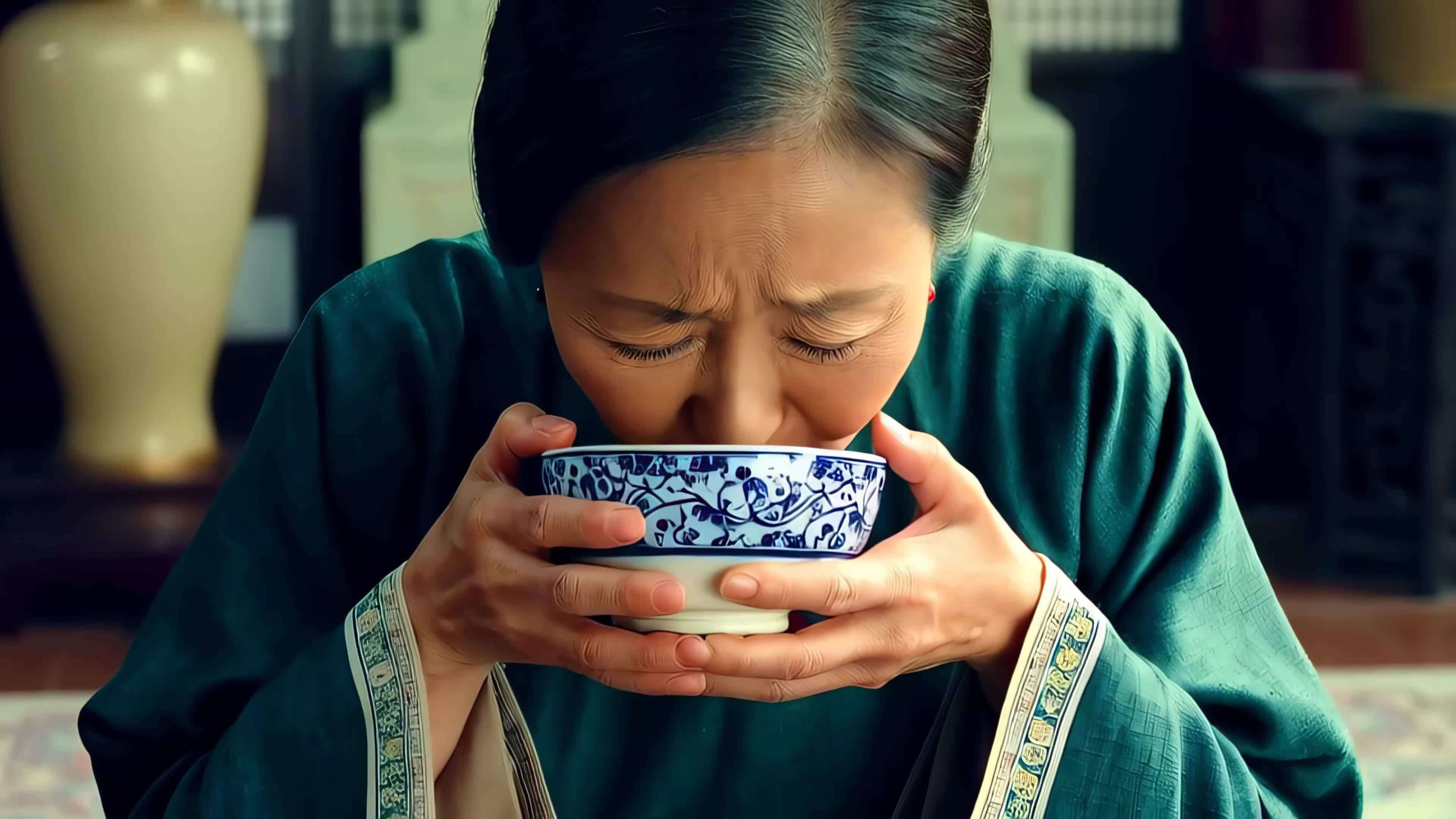 老奶奶品茶微笑视频素材画面2
