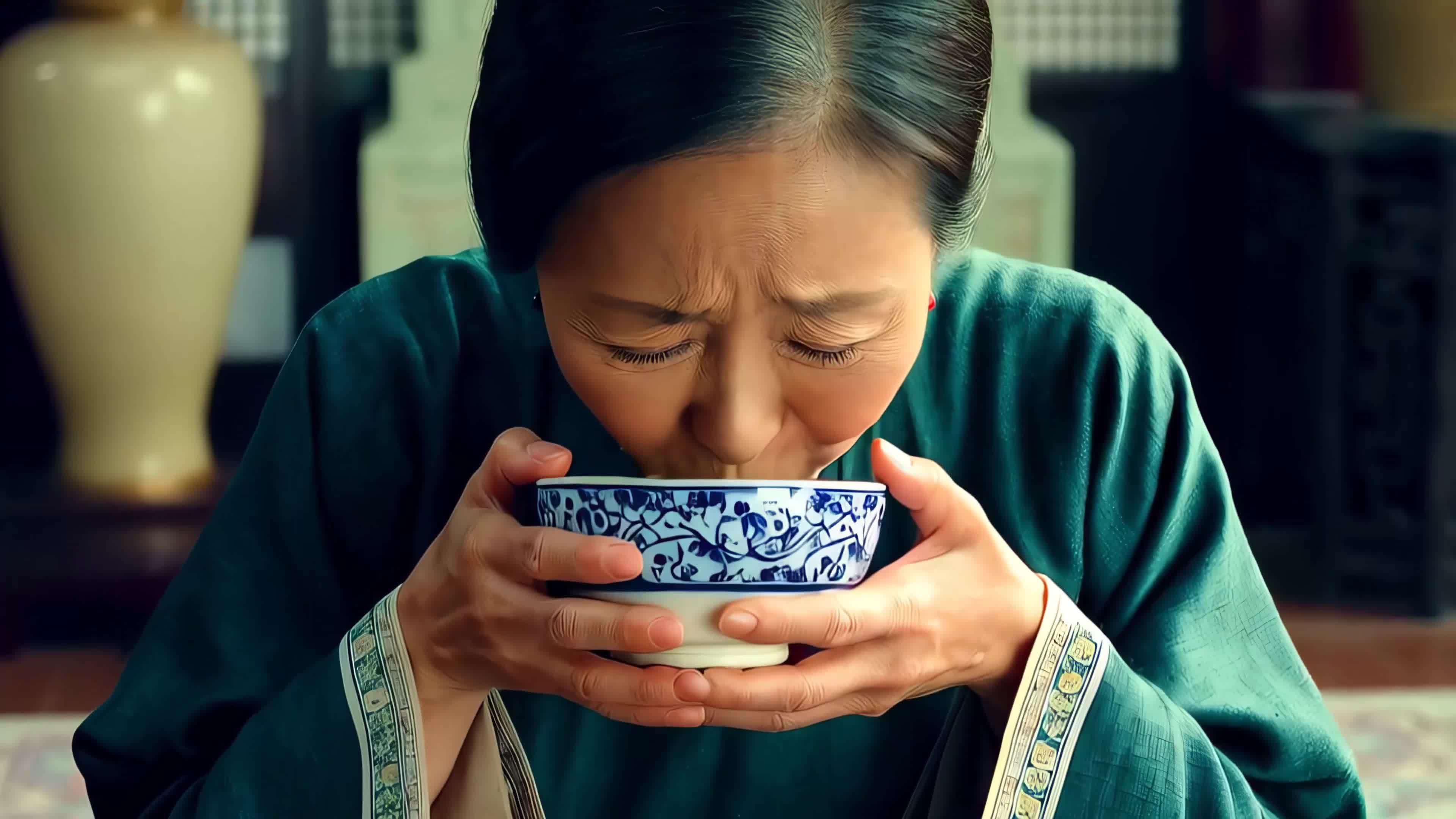 老奶奶品茶微笑视频素材画面3