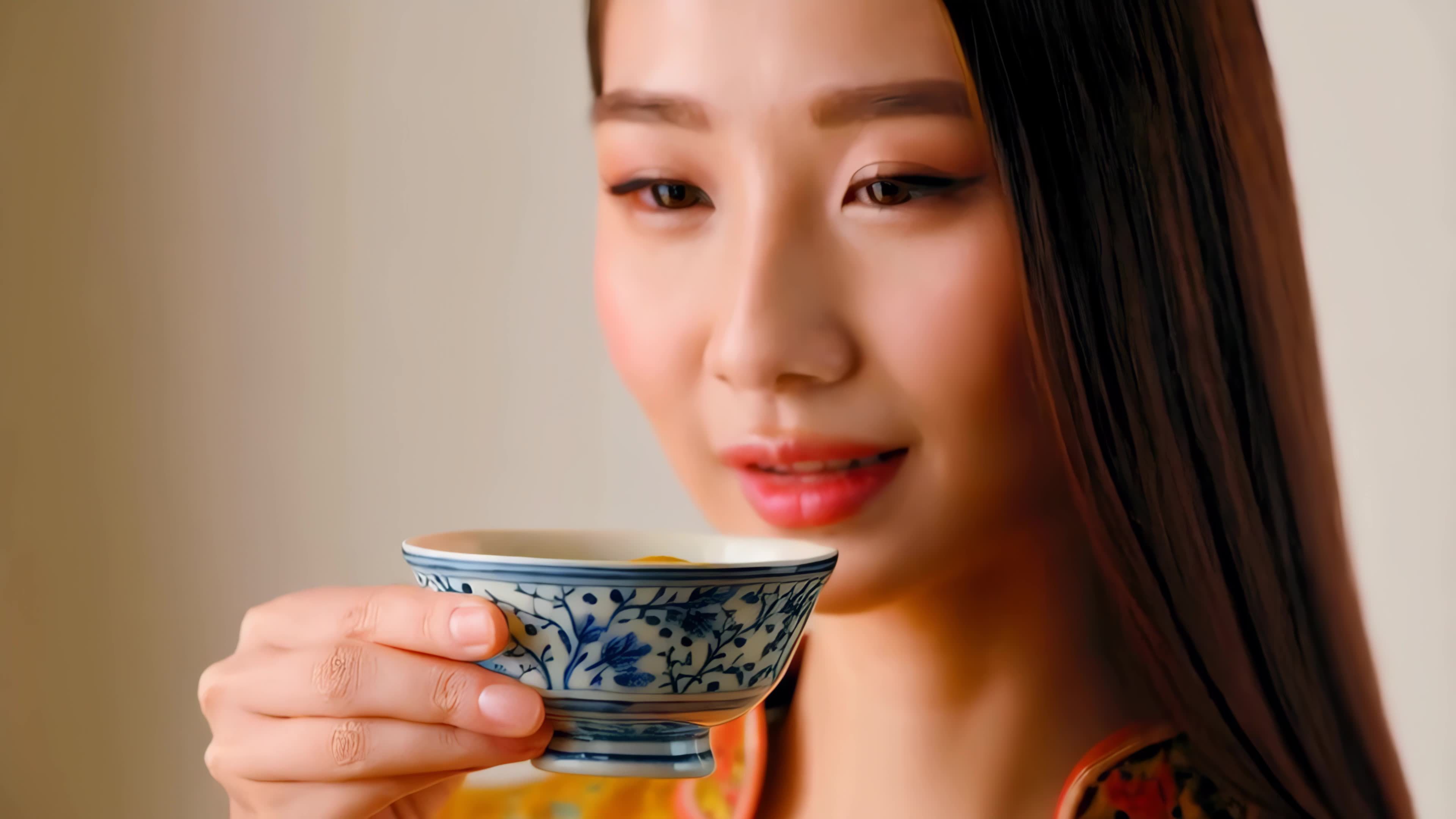 女子品茗东方韵味视频素材画面1