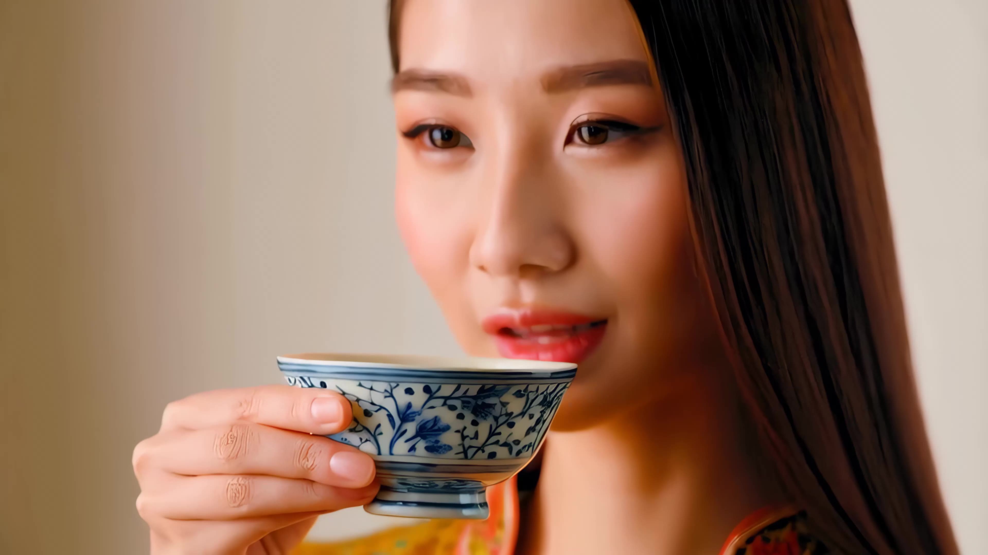 女子品茗东方韵味视频素材画面2