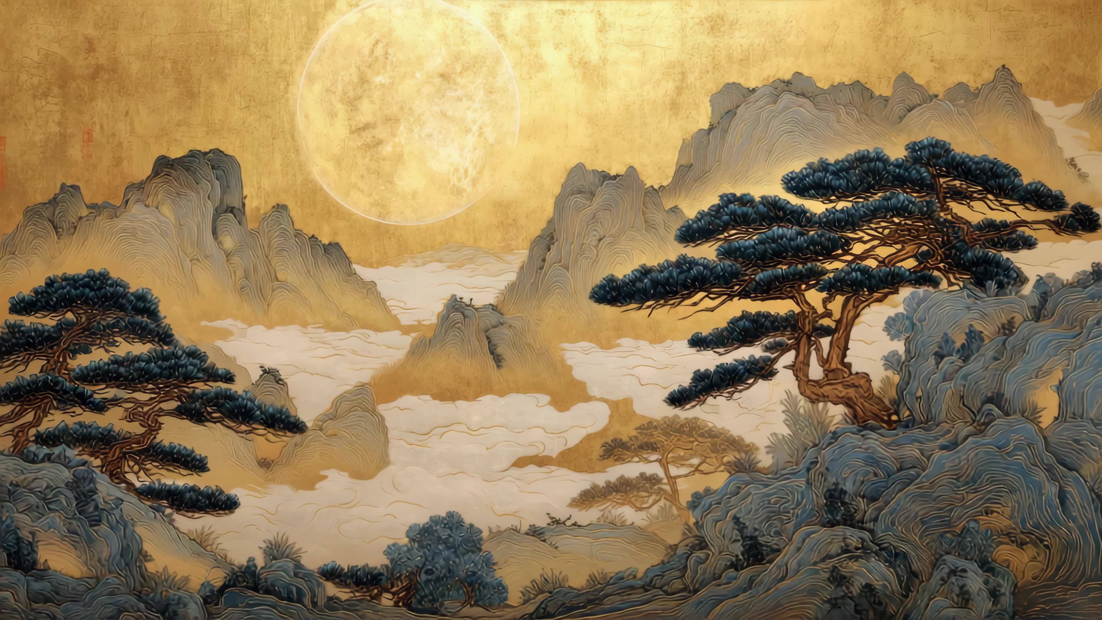 金色山水月夜松树国画风视频素材画面1