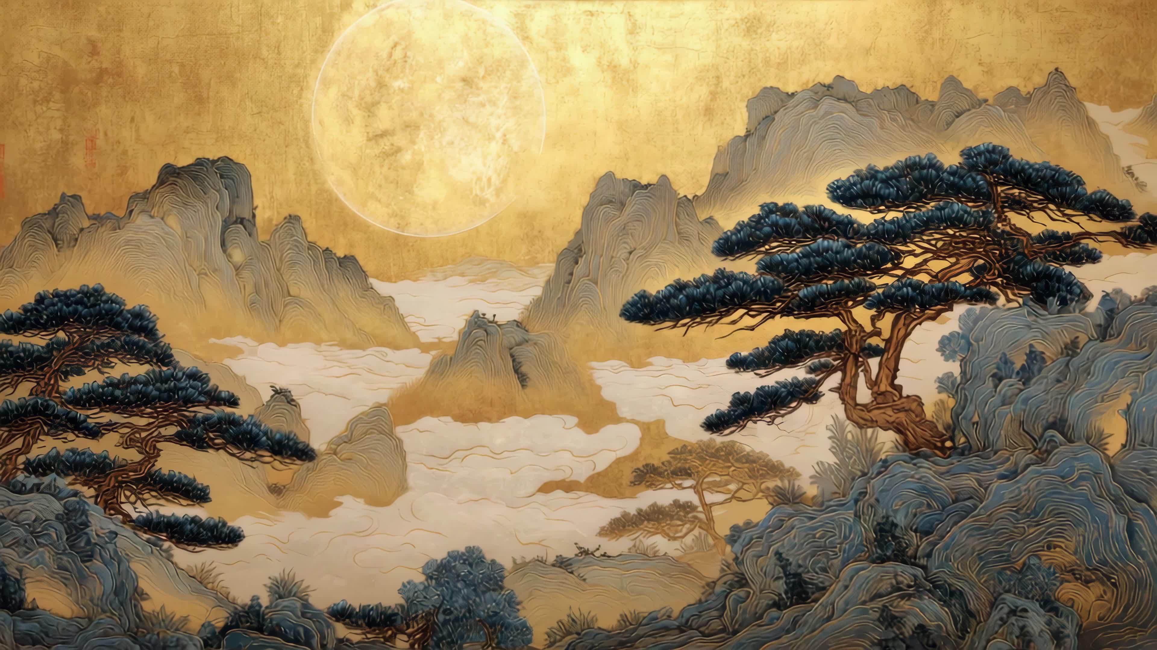金色山水月夜松树国画风视频素材画面2