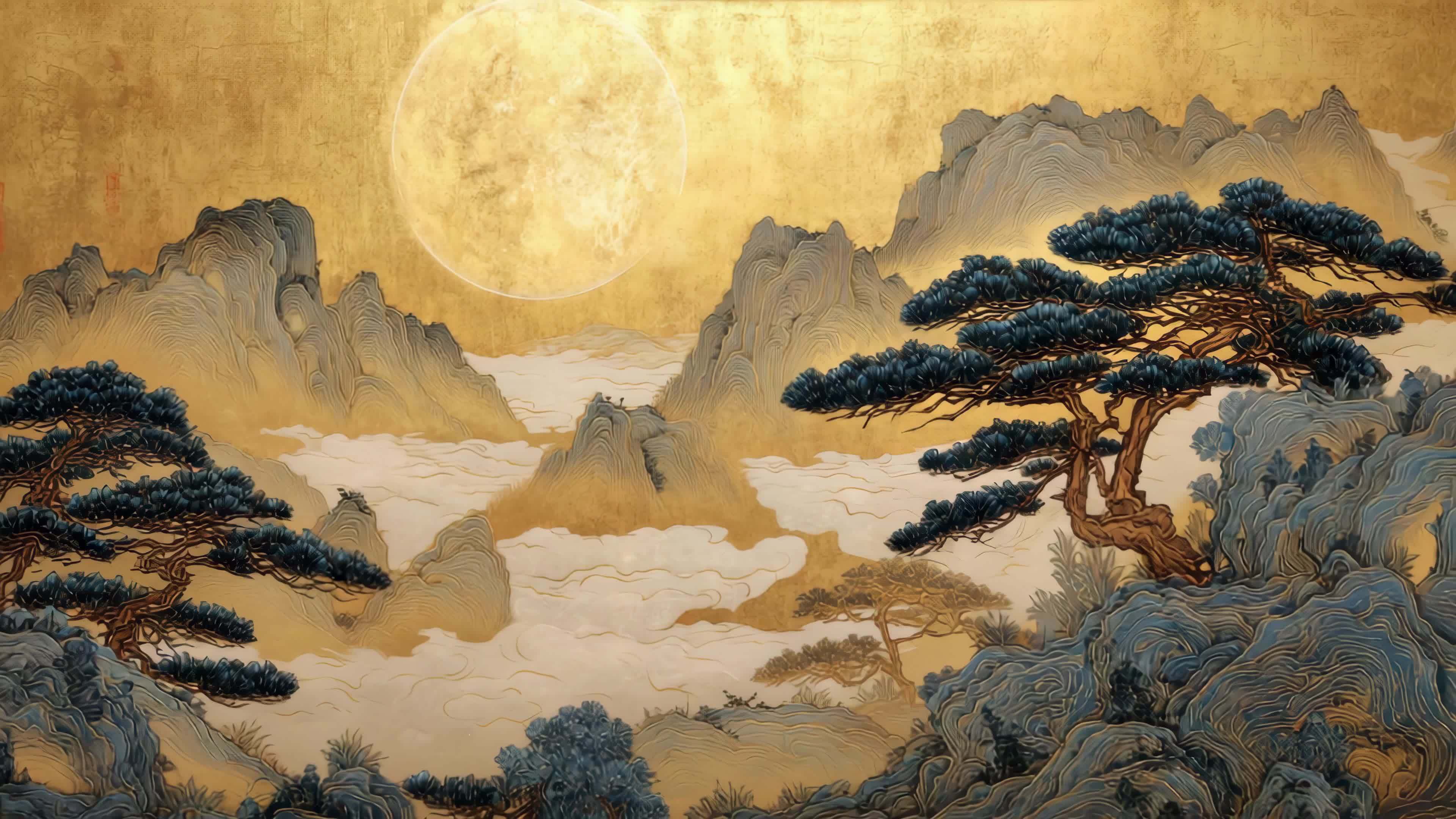 金色山水月夜松树国画风视频素材画面3