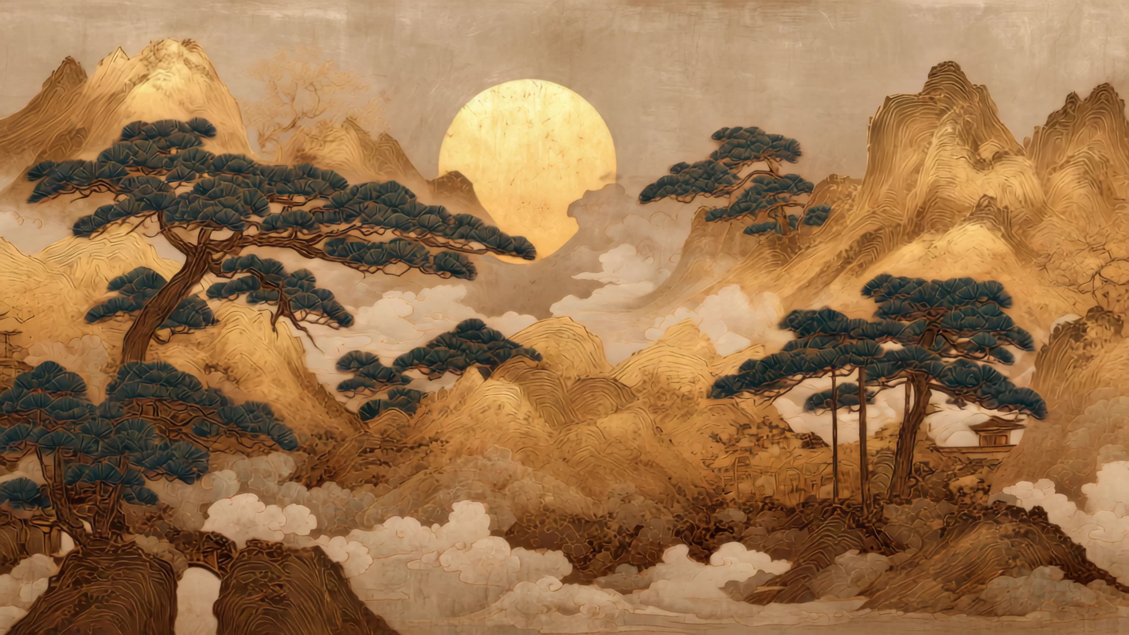 水墨国风山水意境云雾缭绕山间日出视频素材画面1