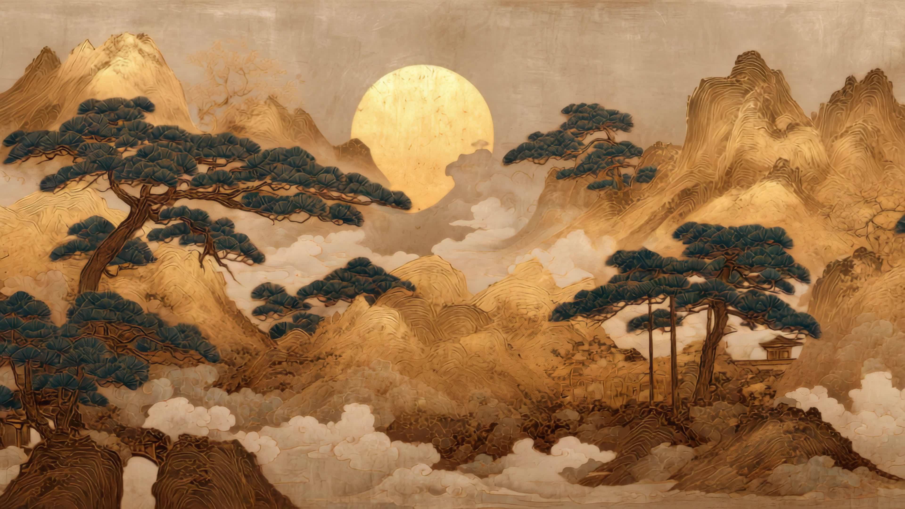 水墨国风山水意境云雾缭绕山间日出视频素材画面2