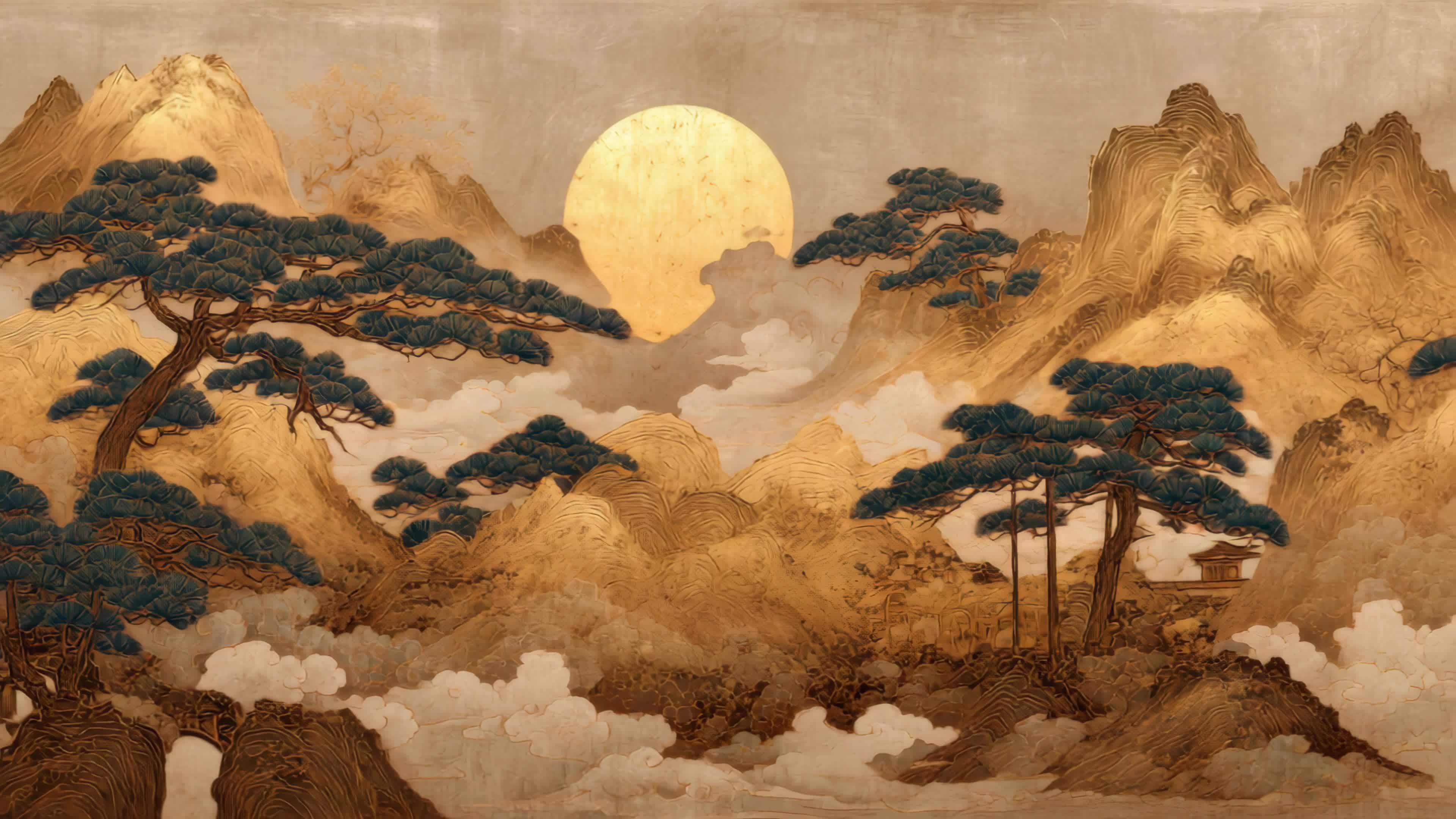 水墨国风山水意境云雾缭绕山间日出视频素材画面3