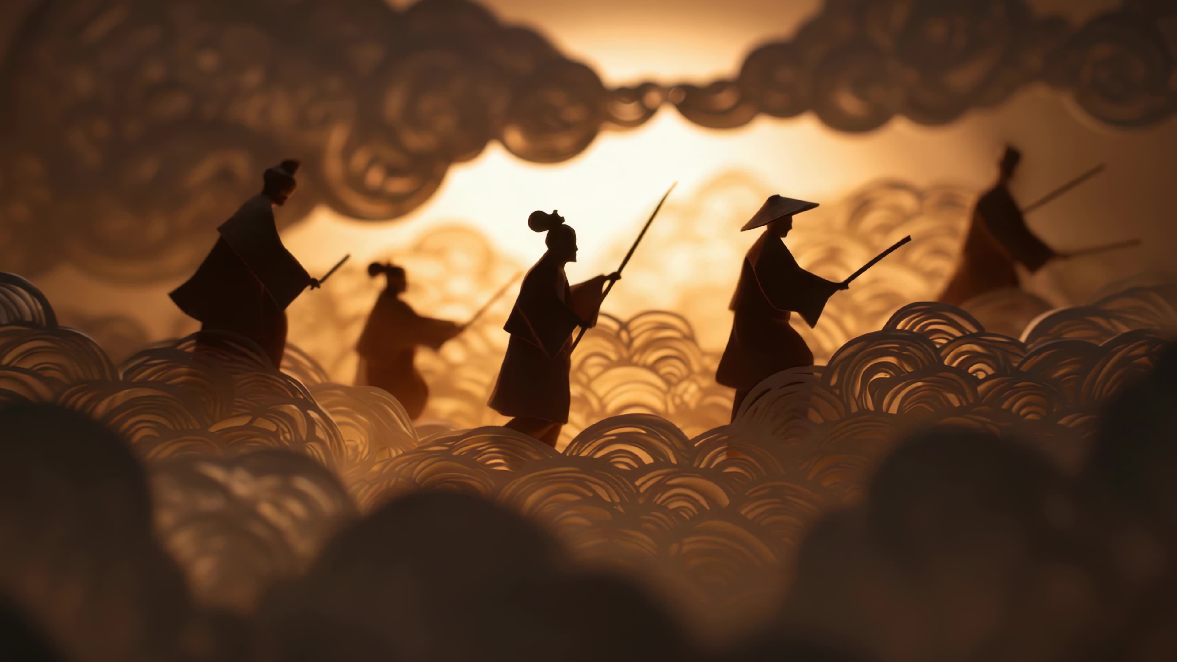 水墨风剪纸人物云海行走视频素材画面1