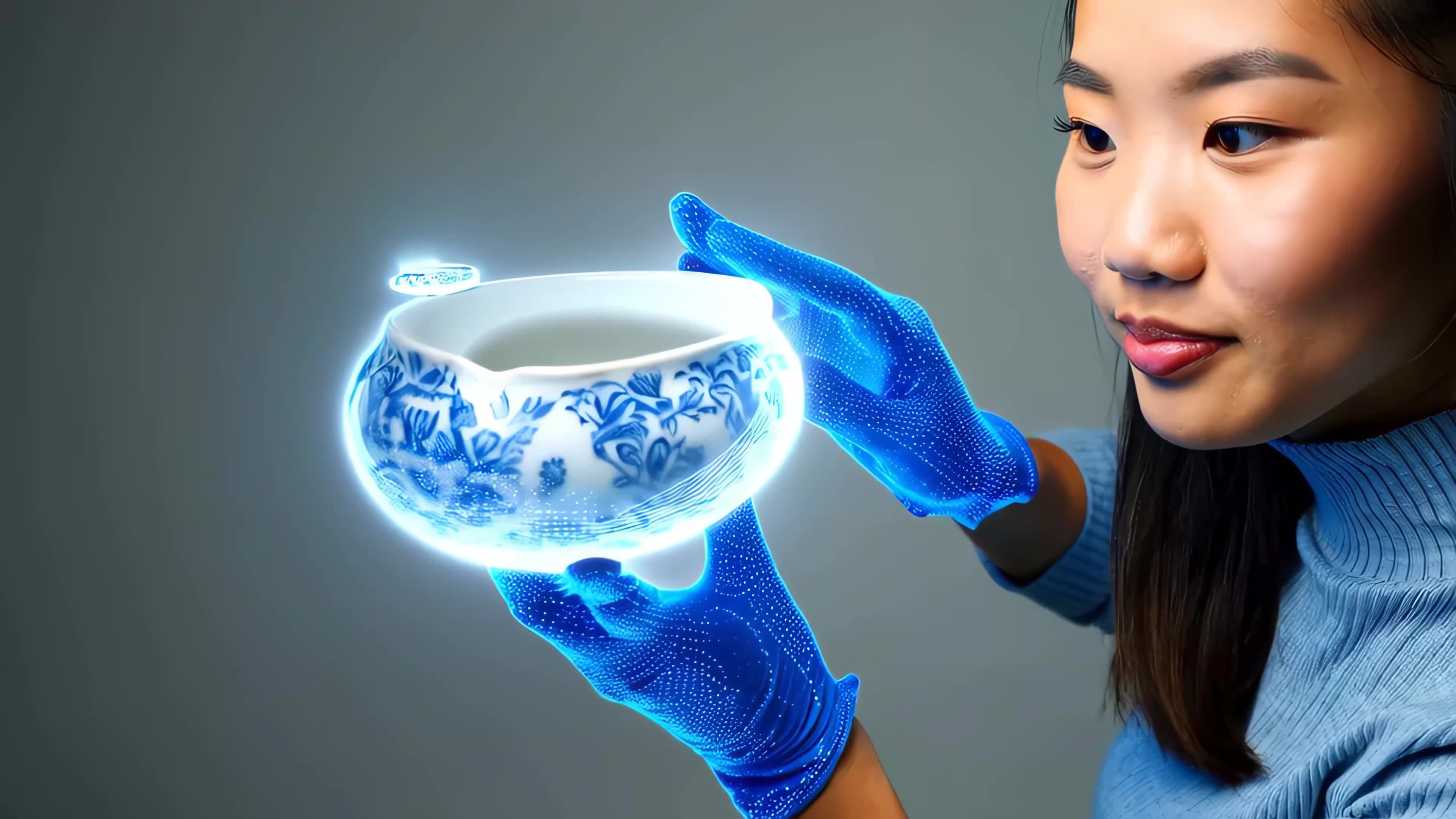 女子展示青花瓷器视频素材画面1