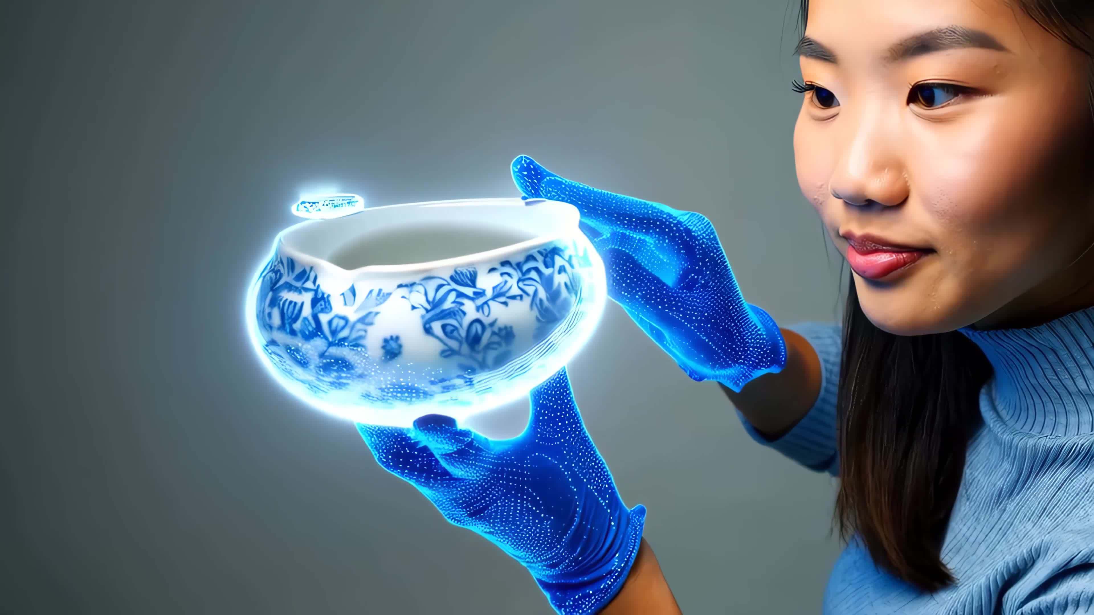 女子展示青花瓷器视频素材画面4