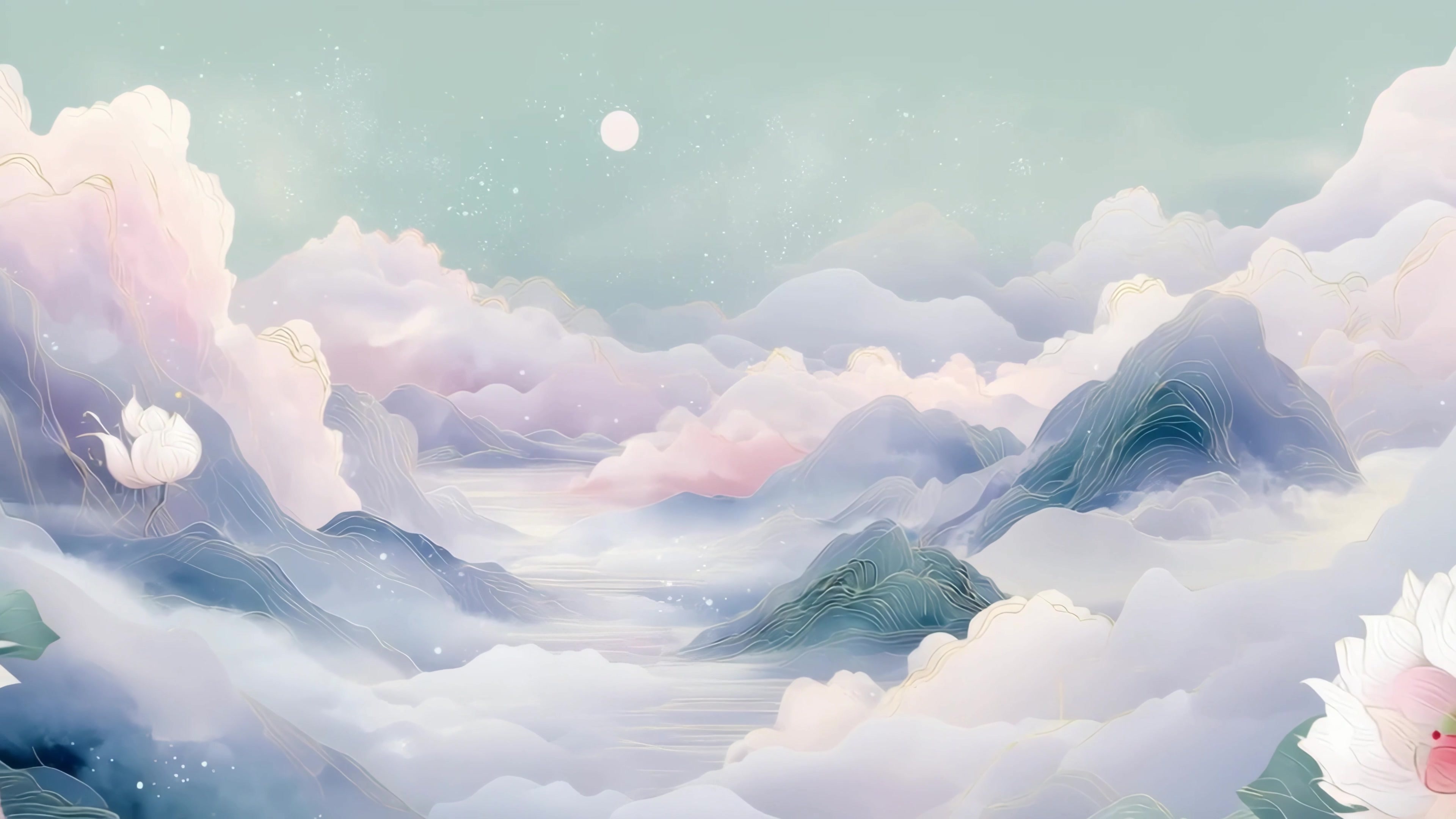 绿色唯美水墨国风山水插画风视频素材画面2