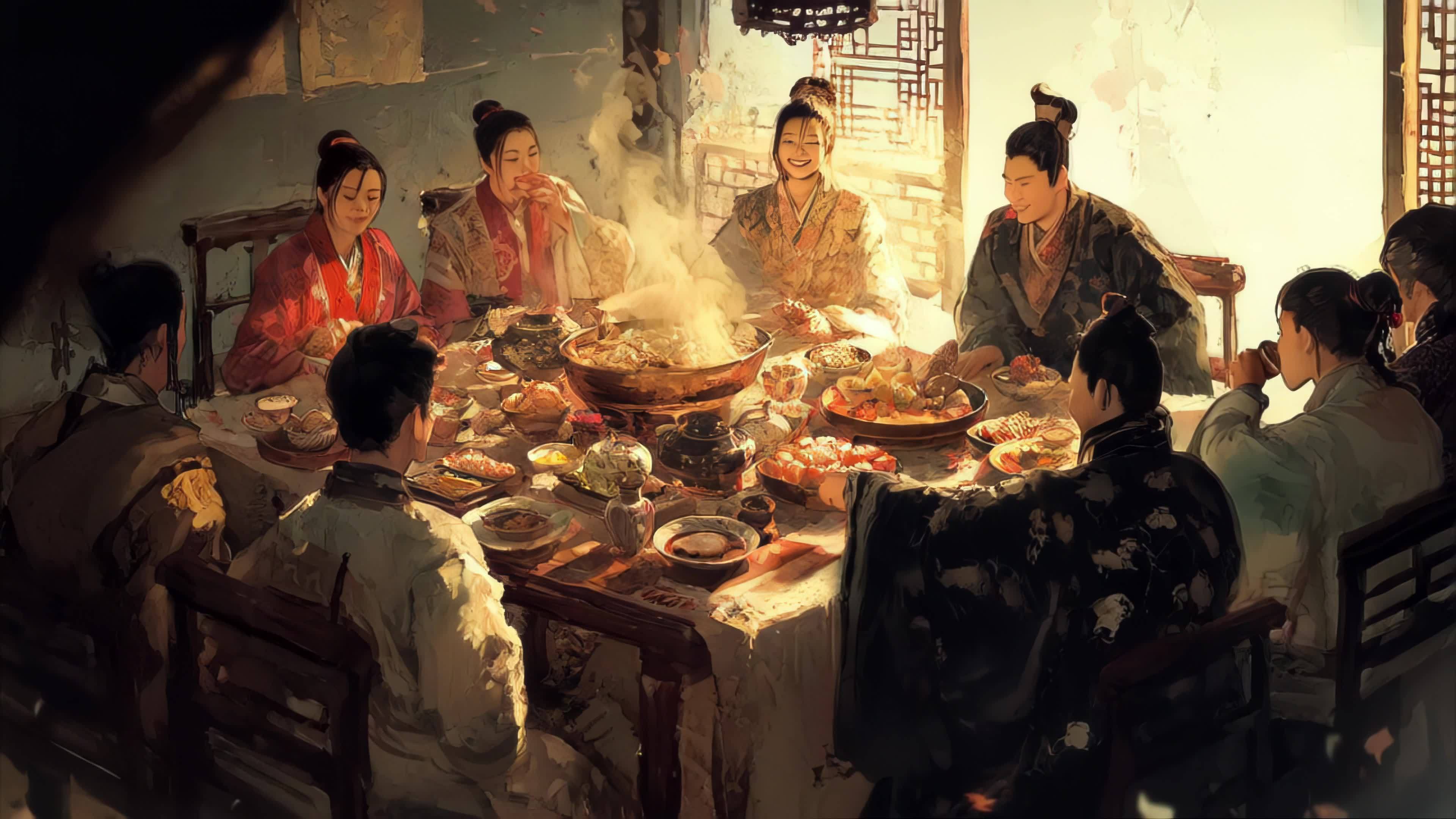 古代年夜饭 团圆饭 宴会 古人 古装水墨视频素材画面1