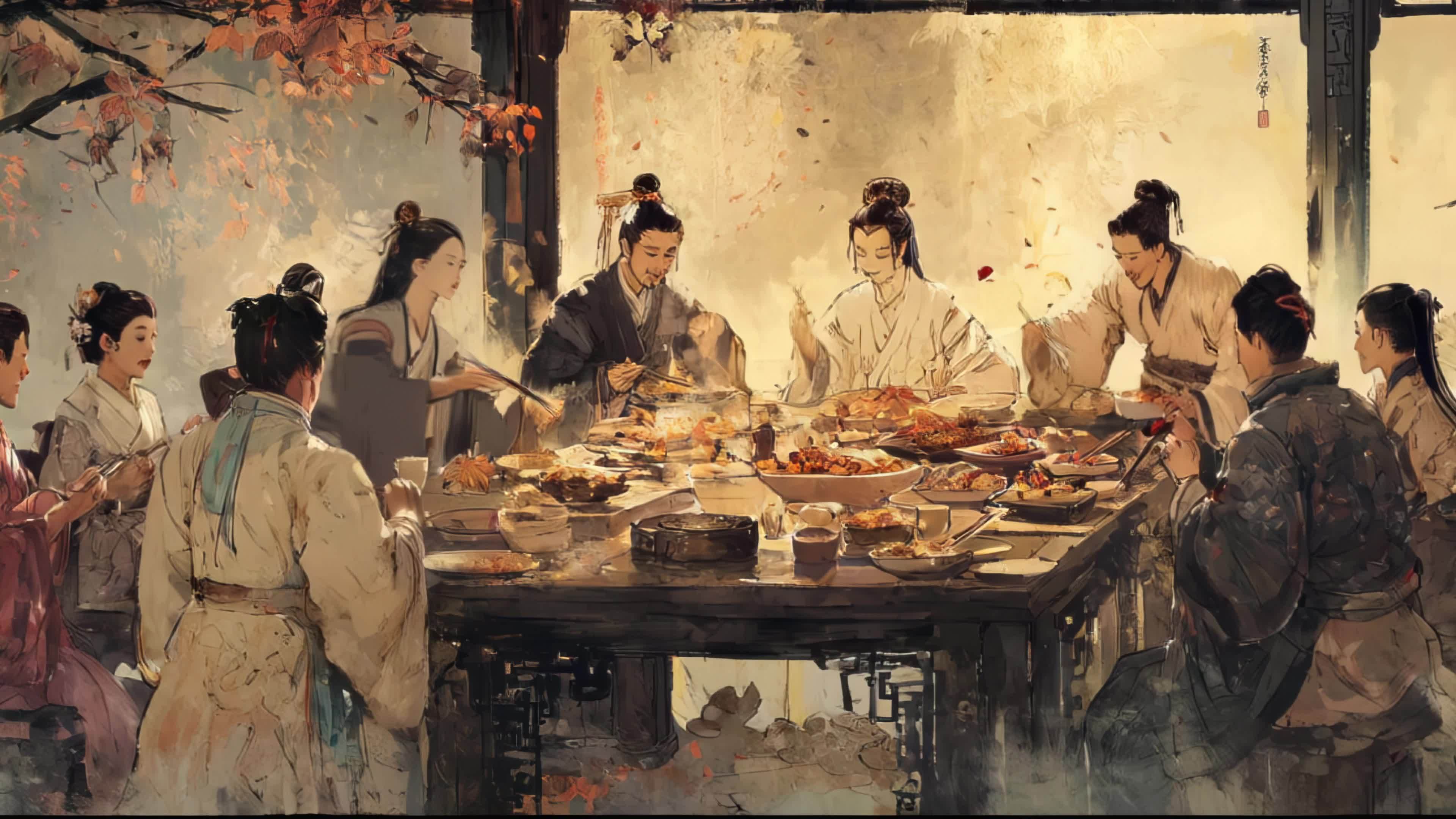 古代年夜饭 团圆饭 宴会 古人 古装水墨视频素材画面2