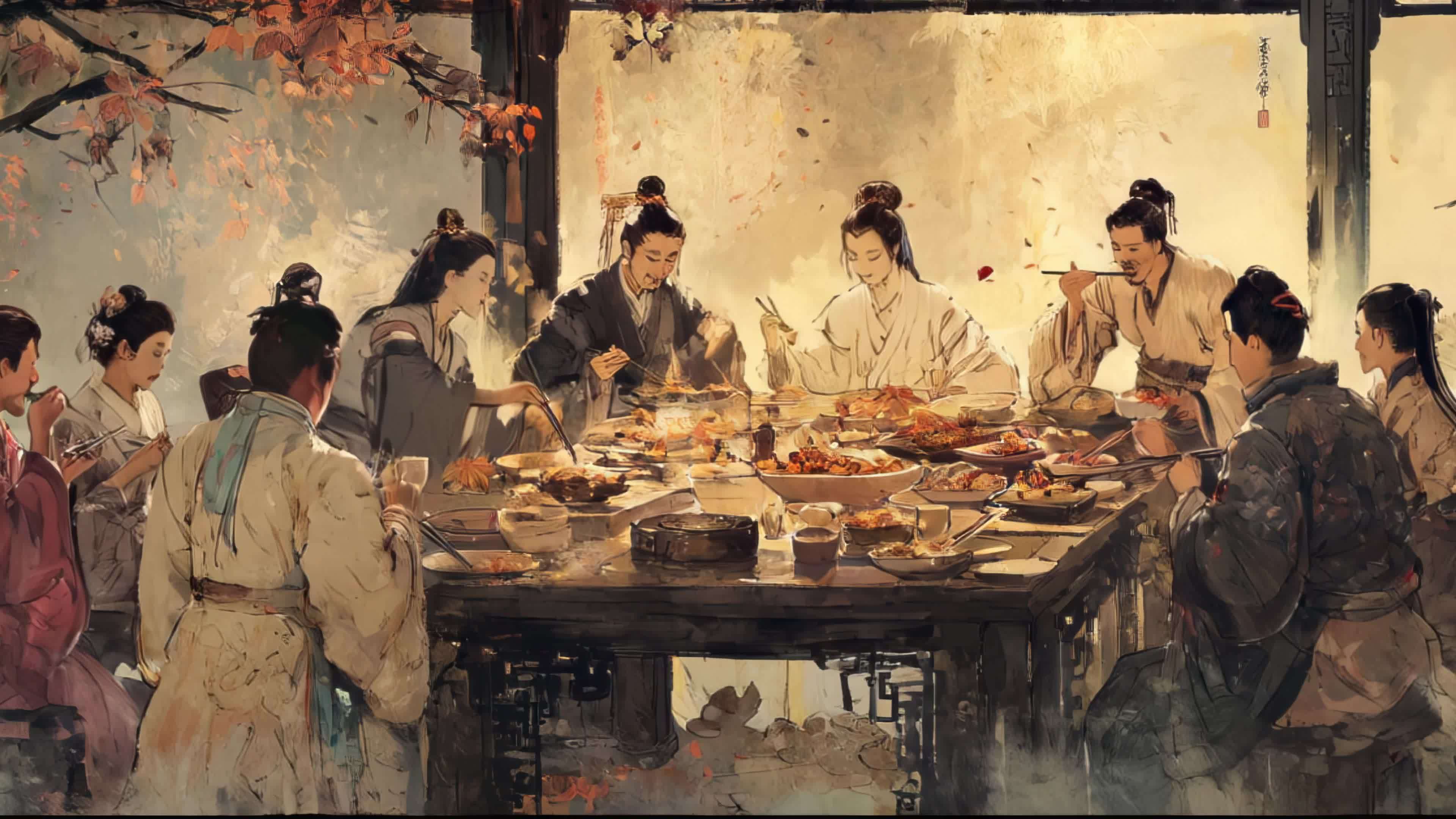古代年夜饭 团圆饭 宴会 古人 古装水墨视频素材画面4