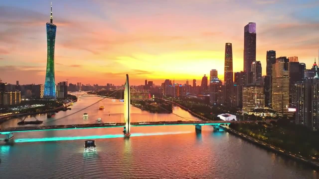 广州晚霞天际线航拍视频素材画面1