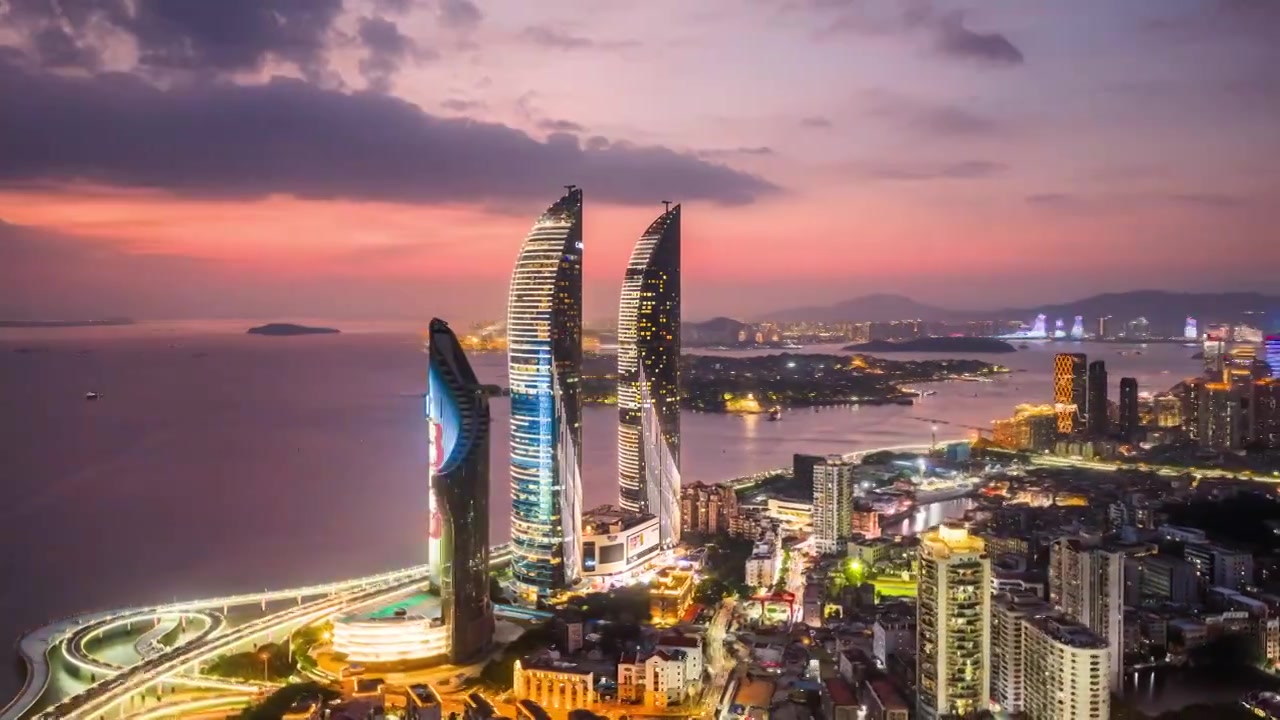 厦门日落夜景航拍延时 厦门地标视频素材画面3