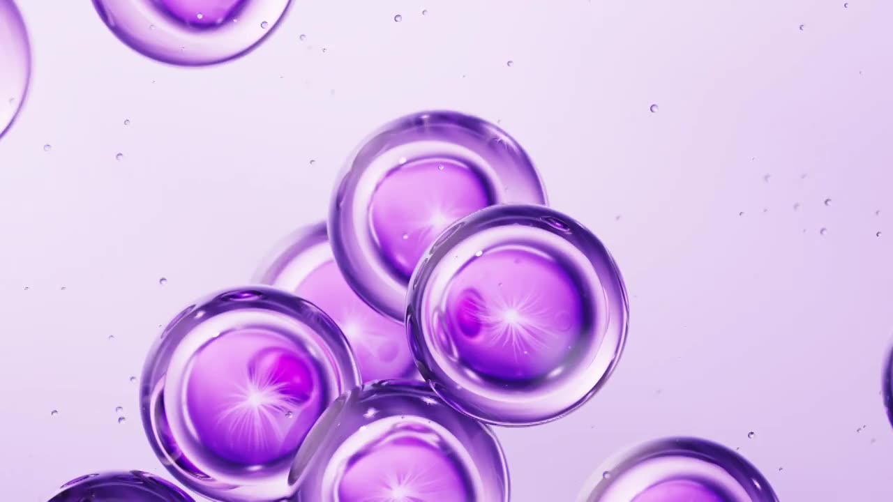 透明紫色细胞生物护肤品背景三维渲染视频素材画面1