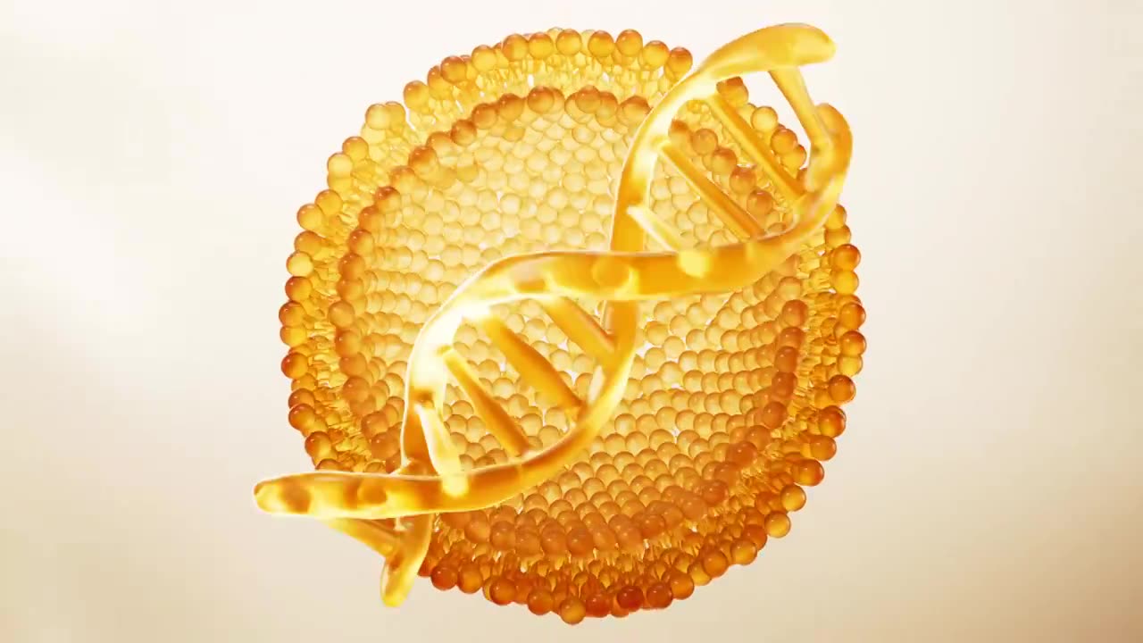基因DNA与金色细胞背景三维渲染视频素材画面1