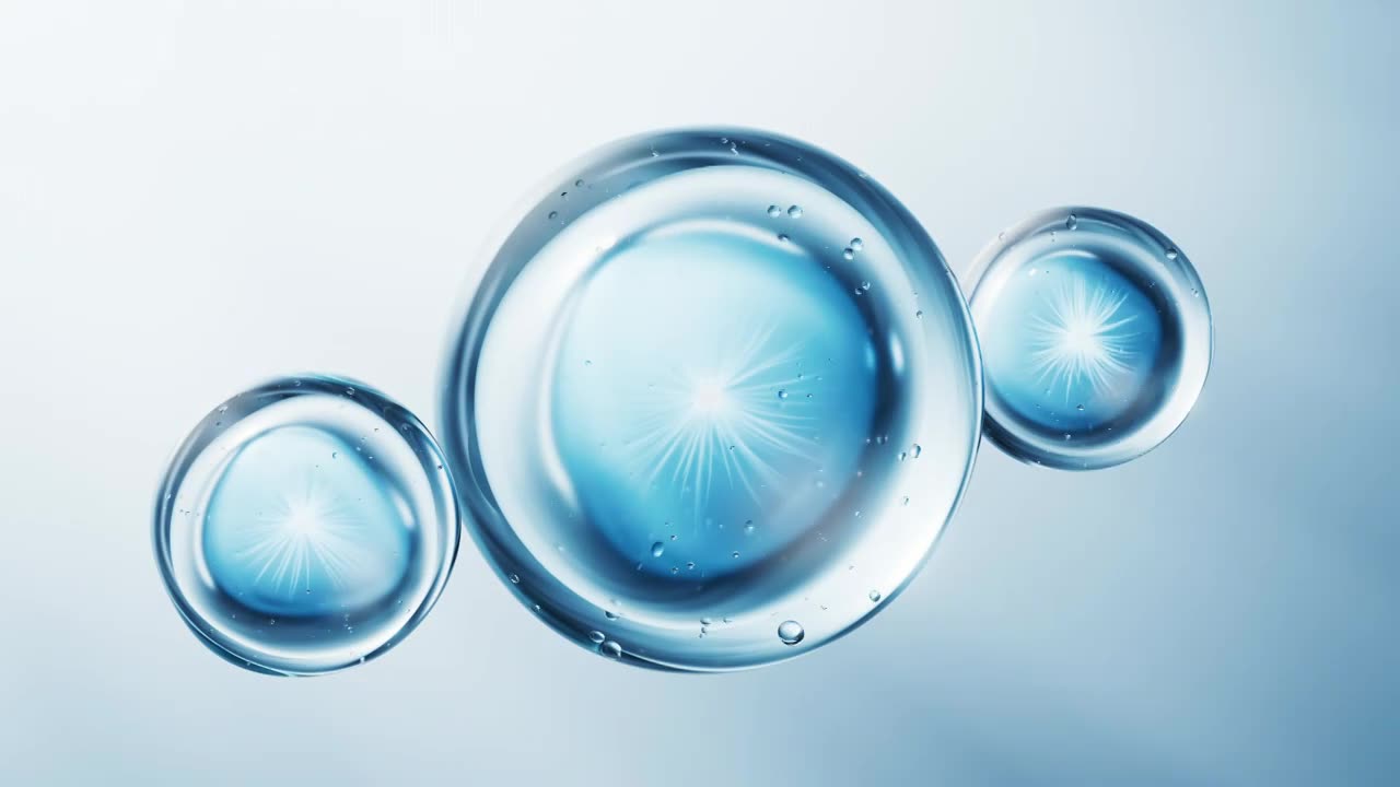 透明晶莹剔透的蓝色气泡三维渲染视频素材画面1
