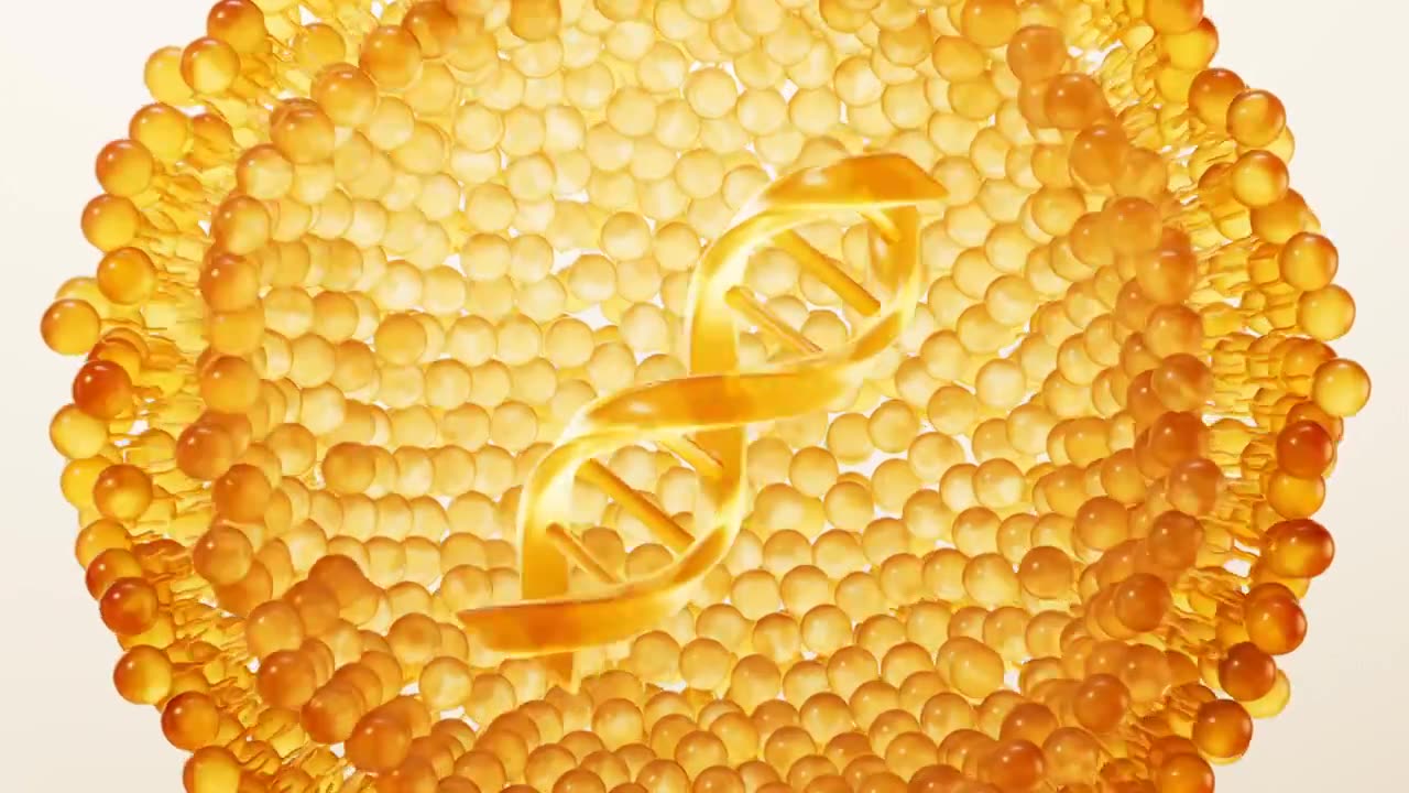 基因DNA与金色细胞背景三维渲染视频素材画面1