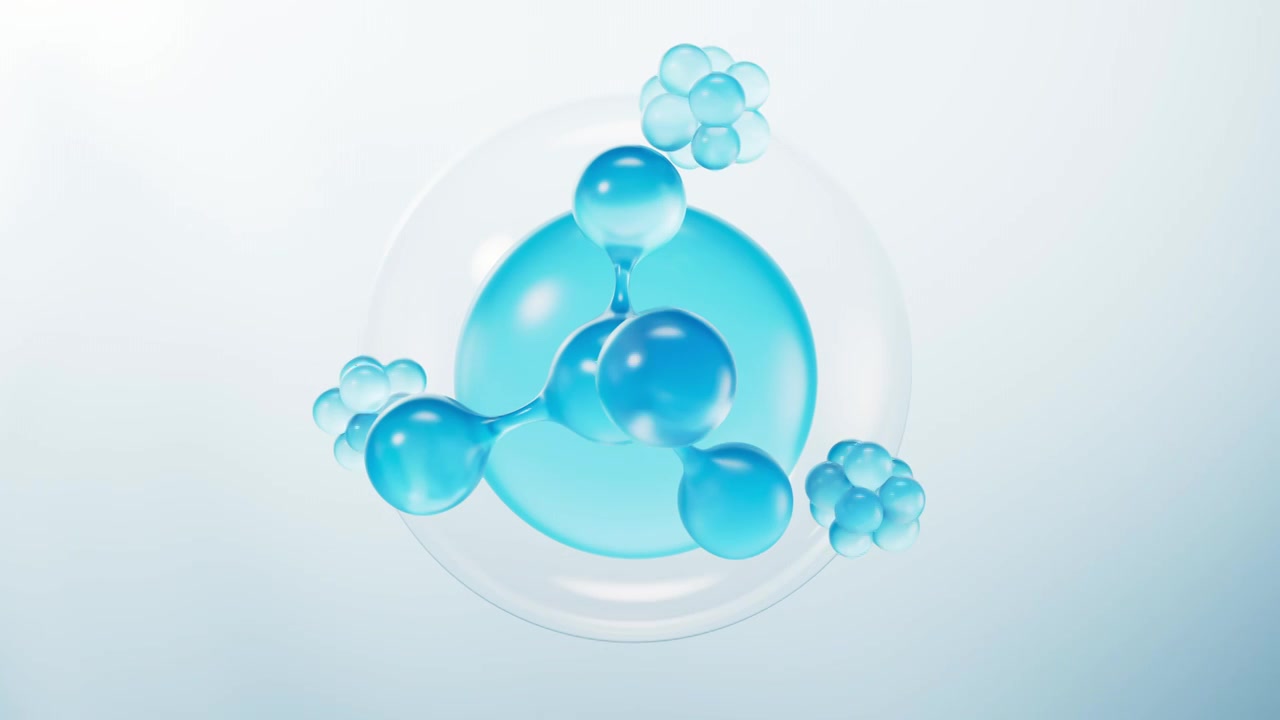 透明蓝色护肤品分子与气泡三维渲染视频素材画面1