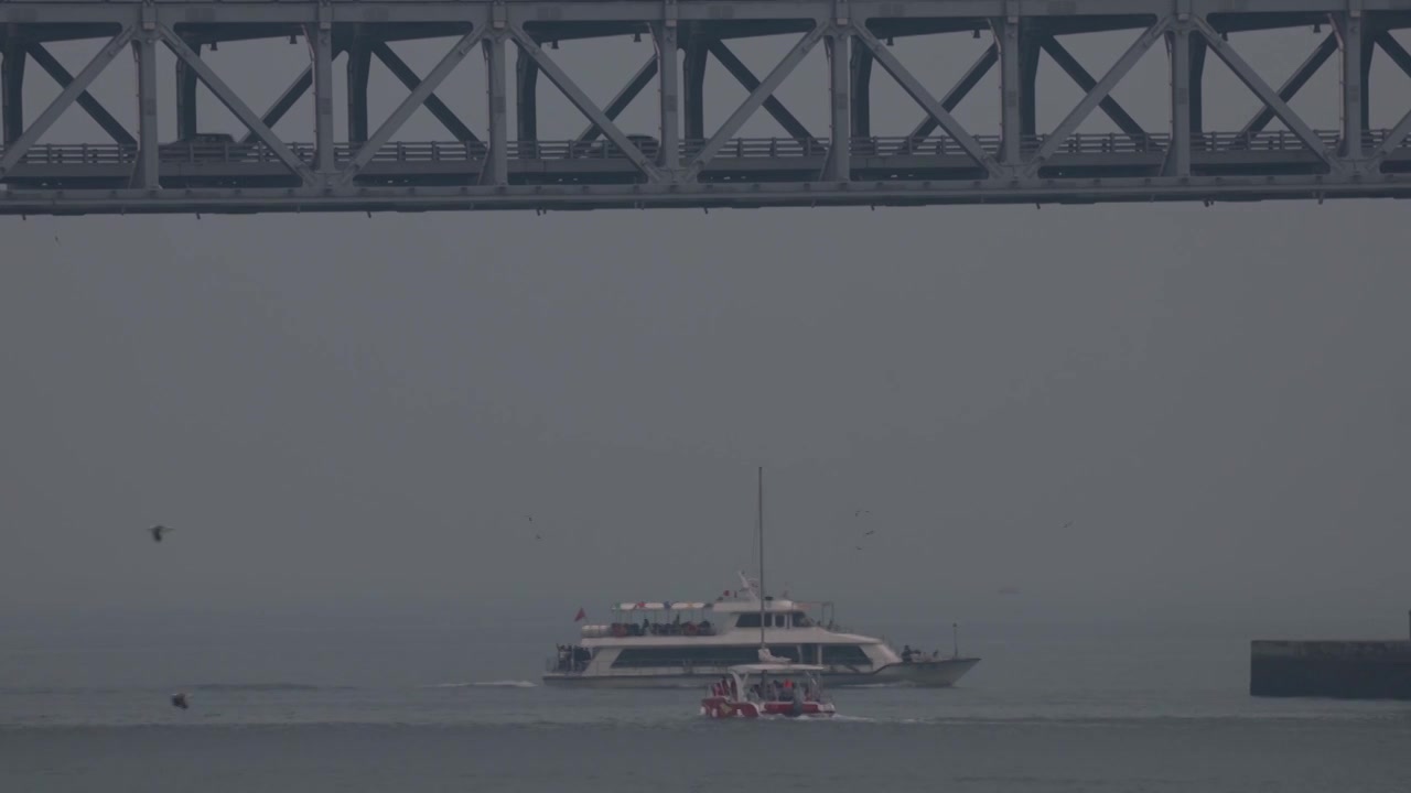 中国辽宁大连星海湾大桥和海面的船视频素材画面3