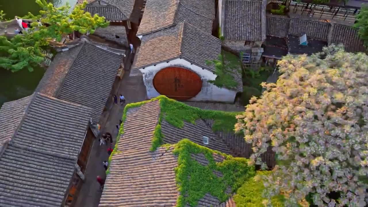 乌镇西栅航拍视频素材画面1