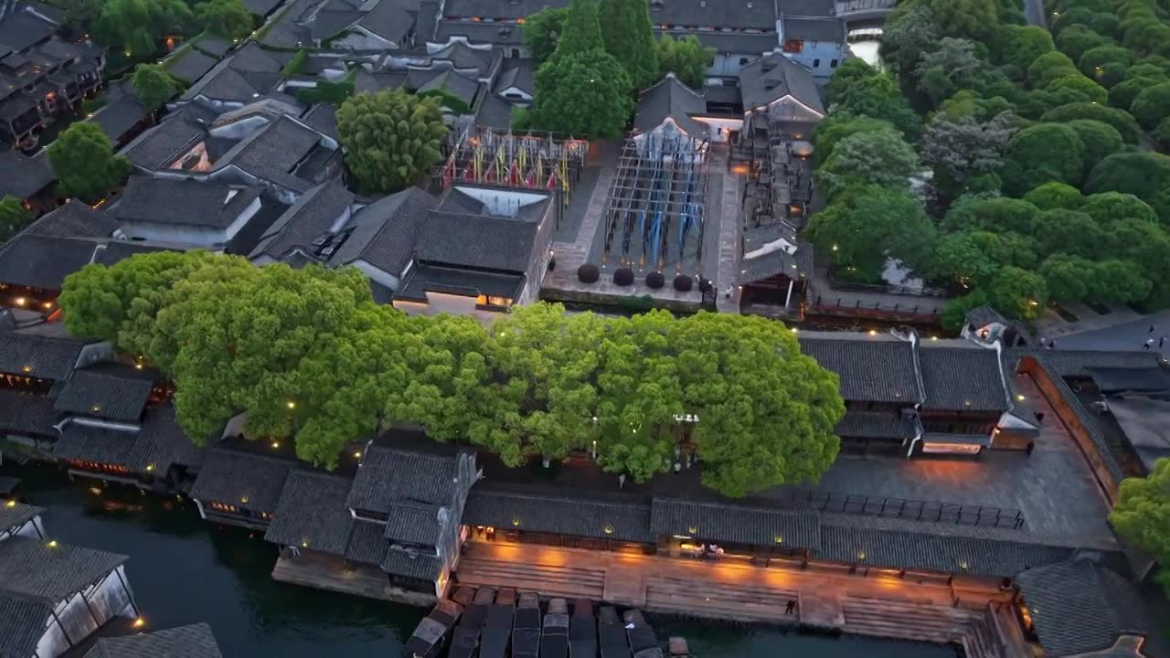 乌镇西栅夜景航拍视频素材画面1
