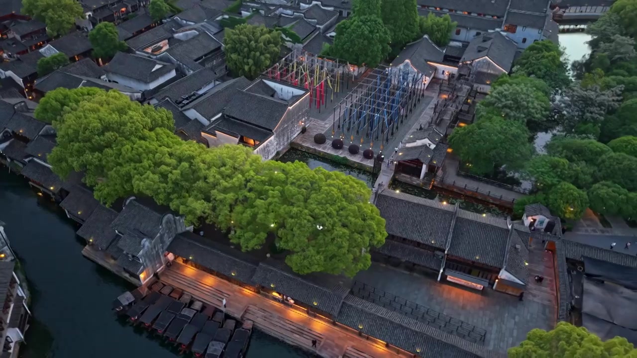乌镇西栅夜景航拍视频素材画面3