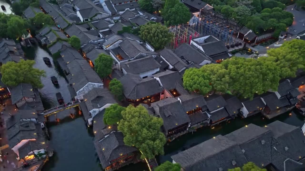 乌镇西栅夜景航拍视频素材画面1