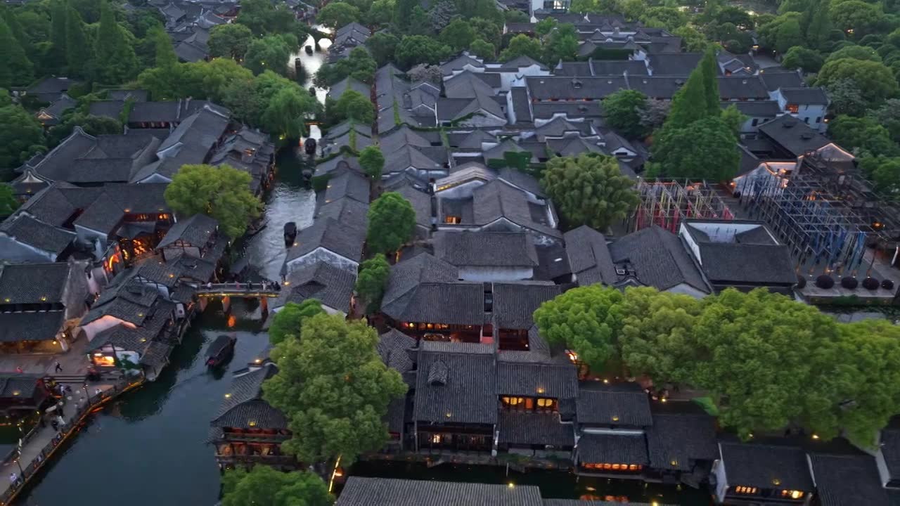 乌镇西栅夜景航拍视频素材画面1